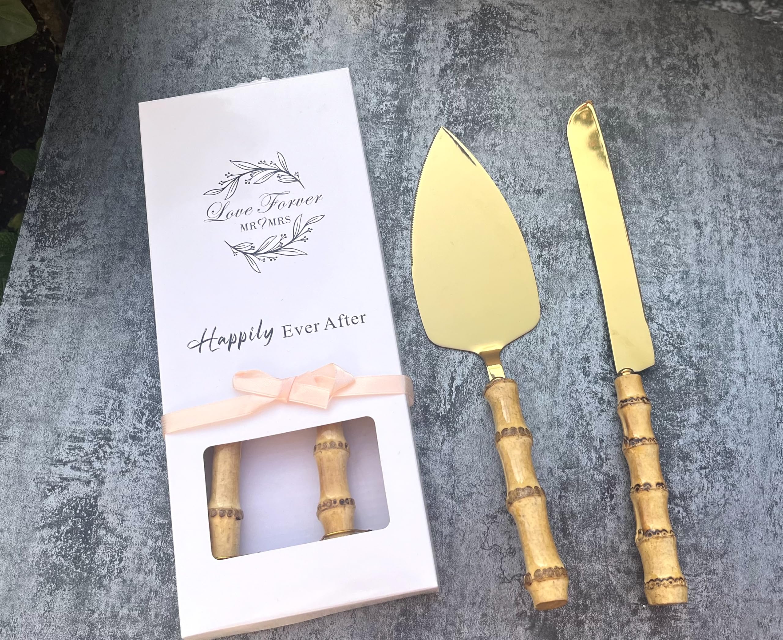 Nature Material Handle Flatware, 5-Piece Set, Stainless Steel 18/10 Food Safety Grade Silverware Cutlery Set Eating Utensils (Gold Cake server set)