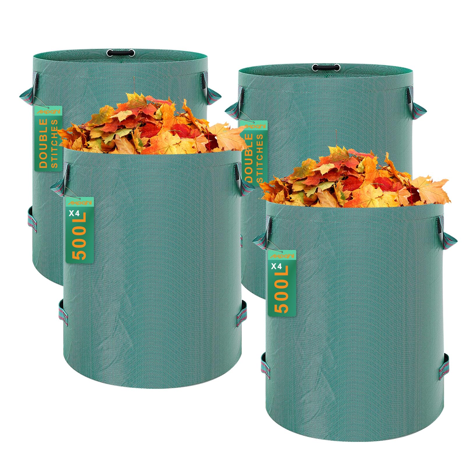4X 500L Gartenabfallsack,Selbststehend Witterungsbeständig - Abwaschbar Stabile Gartensäcke Laubsack Gartensack für Grünabfälle mit Griffen für einfaches für Gras Laub Hecke Gartenabfall (4p)