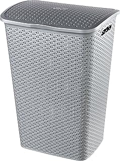 CURVER Coffre à Linge My Style 55L - Bac à Linge Sale avec Couvercle - Aspect Rotin Texturé, Bonne Aération - Poignées Ergonomiques - Pour Salle de Bain ou Buanderie - 42,8 x 33 x 60,4 cm - Argent