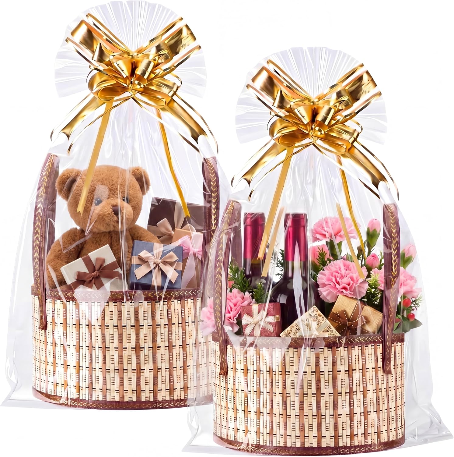 Novabright 2 Set Baskets for Gifts Empty, Bamboo Gift Raffle Baskets with Handle, Foldable Woven Gift Basket with Cellophane Wrap Bags, Bows for Graduation, Raffle, Housewarming, Baby BaptismsV