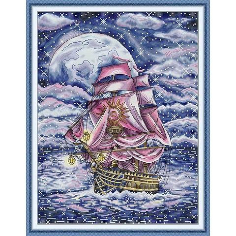 CROSSDECOR Stamped Cross Stitch Kits Full Range of DIY Needlepoint for Adult Beginners Sailing under The stars Pattern, for Gift and Home Decor 14CT 2 Strands 13.7×17.3 inch