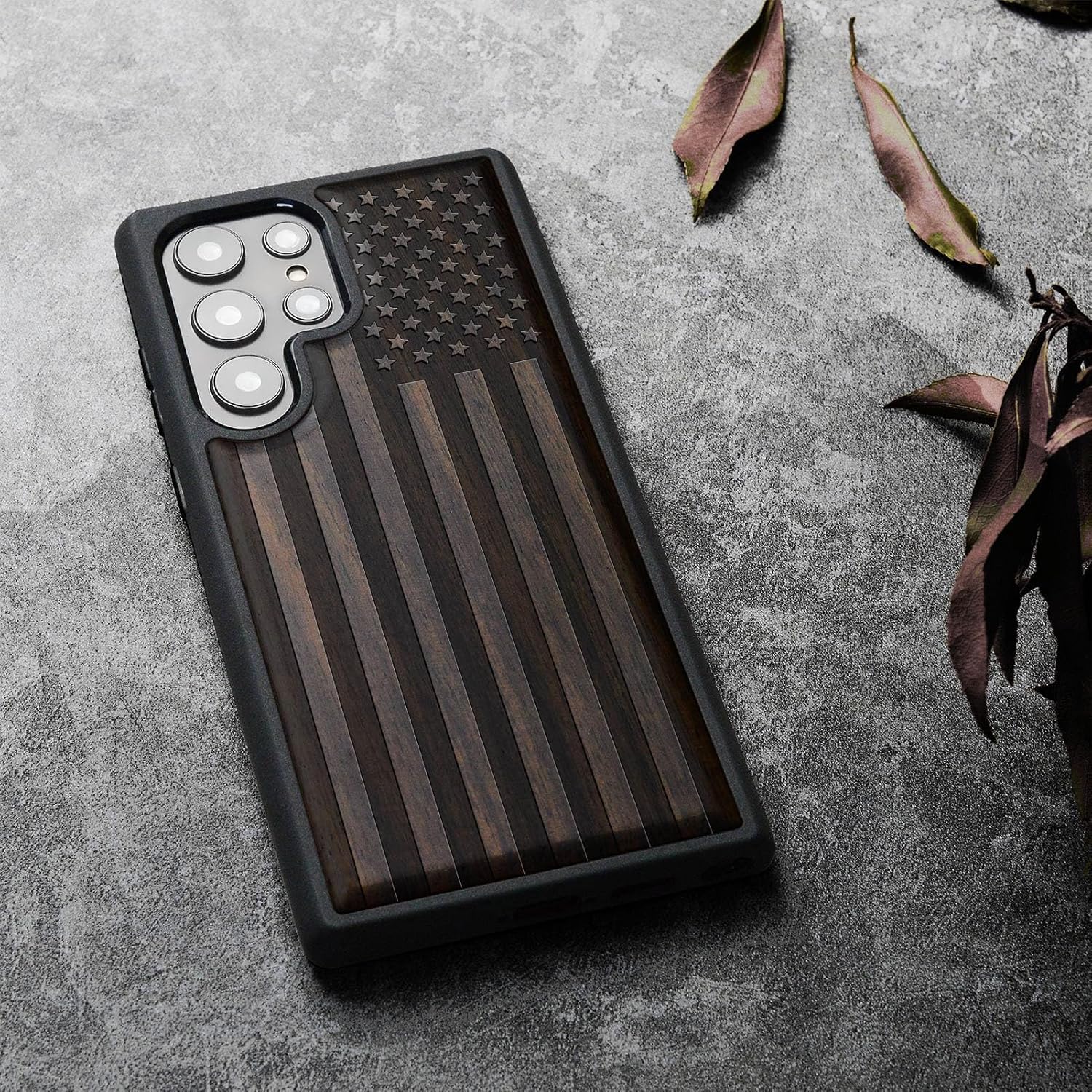 Carveit Wood Case for Galaxy S24 Ultra Case [Natural Wood & Black Soft TPU] Shockproof Protective Cover Unique Wooden Design Compatible with Samsung S24 Ultra (American Flag-Blackwood)