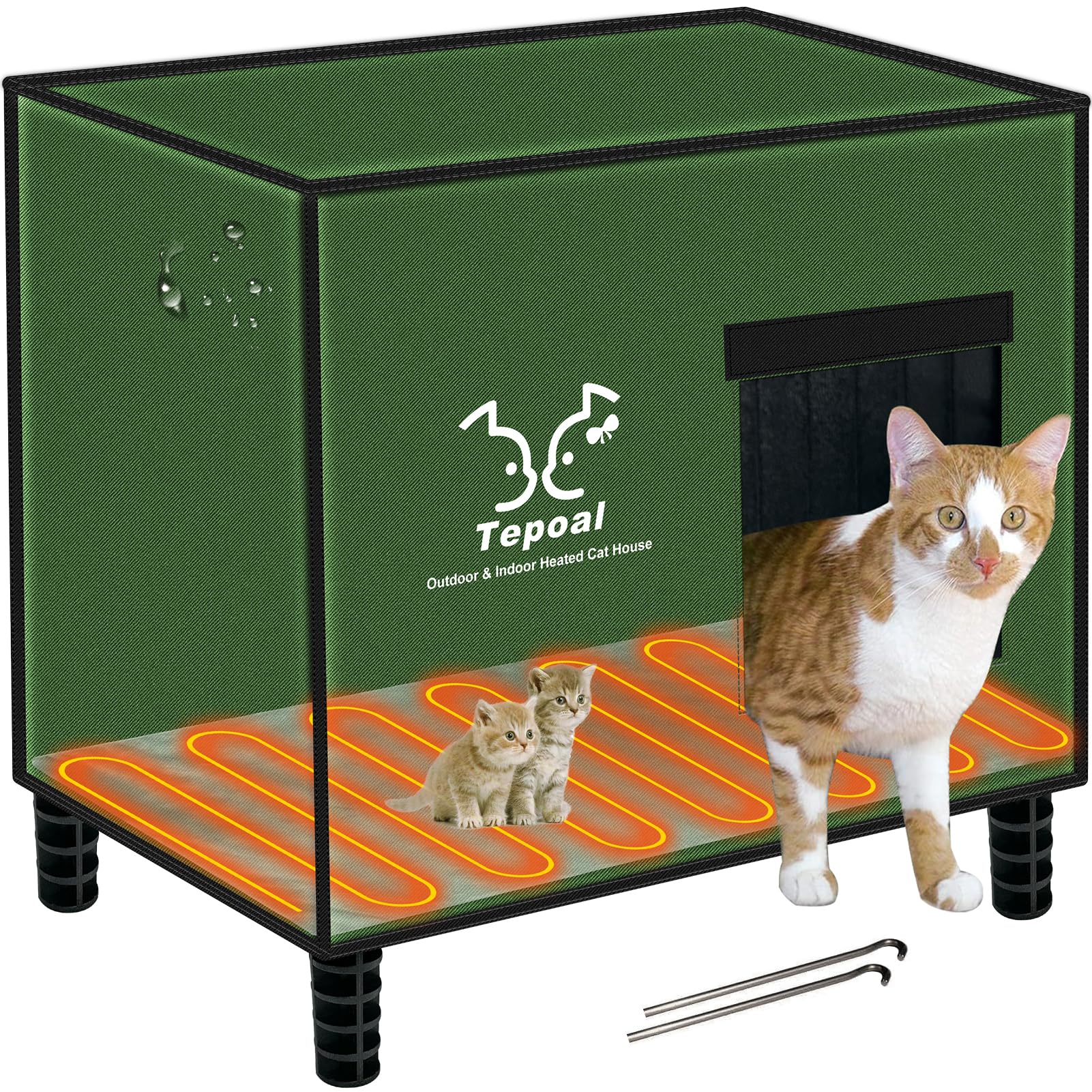 Indestructible Large Heated Cat House for Outside Winter, 100% Waterproof & Insulated Outdoor Cat House with Safe Escape Door, Elevated Feral Cat Shelter with Heater for Stray Kitty 20"*16"*20"