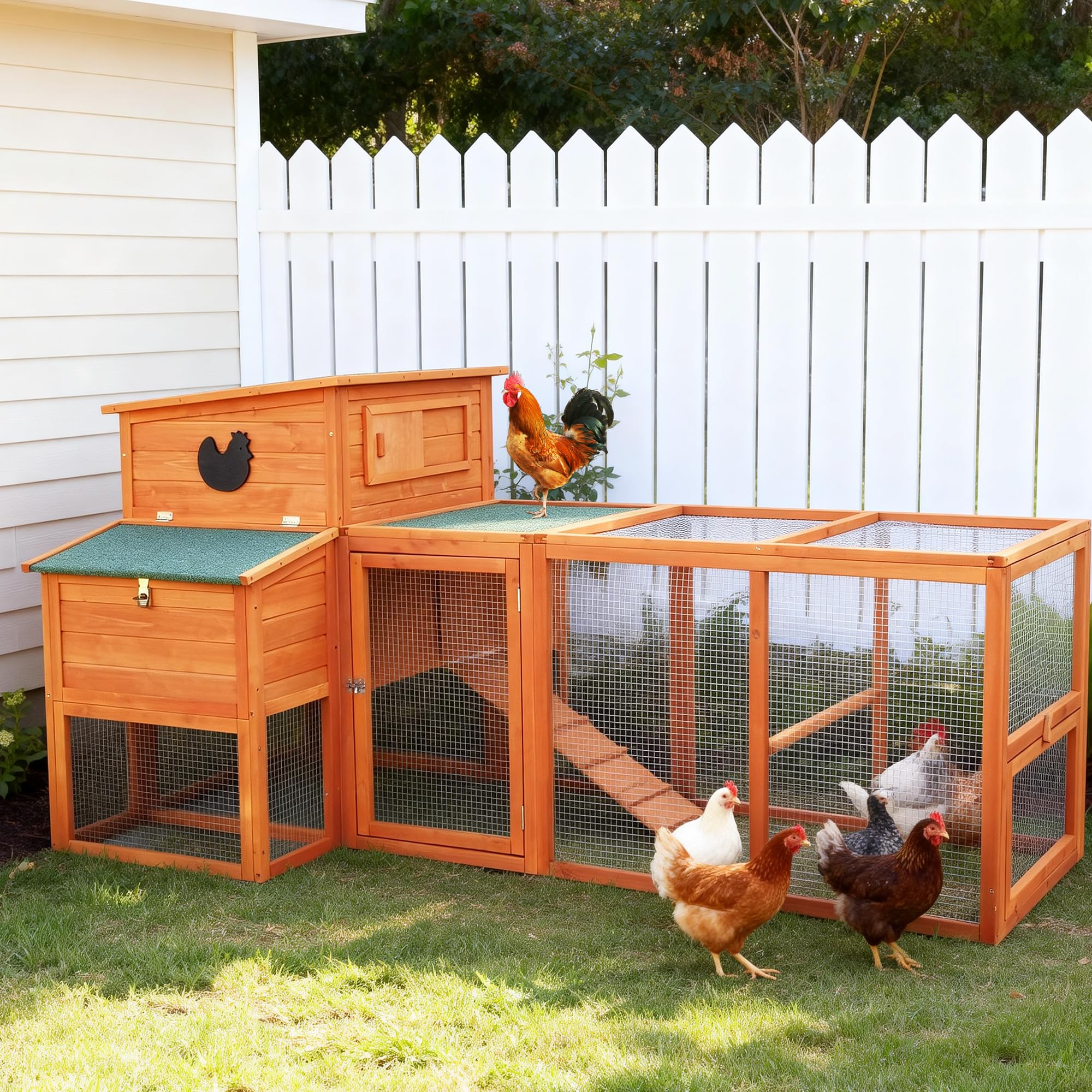 WHEGETED Large Wooden Chicken Coop Outdoor Big Hen House Poultry Pet Duck Hutch with Nesting Box Run Cage Waterproof Asphalt Roof Ramp Removable Tray