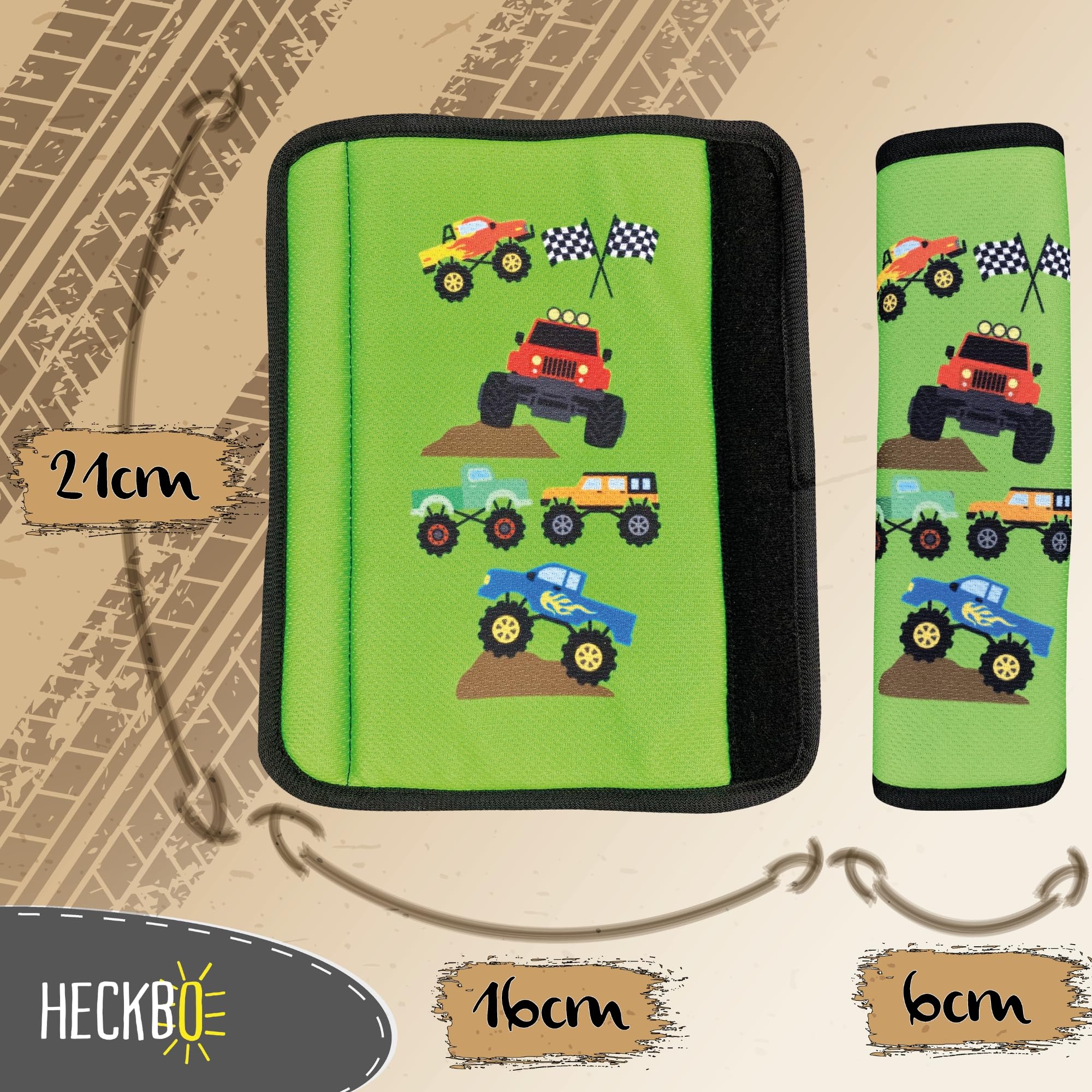2x HECKBO Ochraniacze na pasy bezpieczeństwa z motywem Monster Truck - ochraniacze na pasy dla dzieci i niemowląt - idealne na każdy pas bezpieczeństwa samochód fotelik dziecięcy rower przyczepa samolot