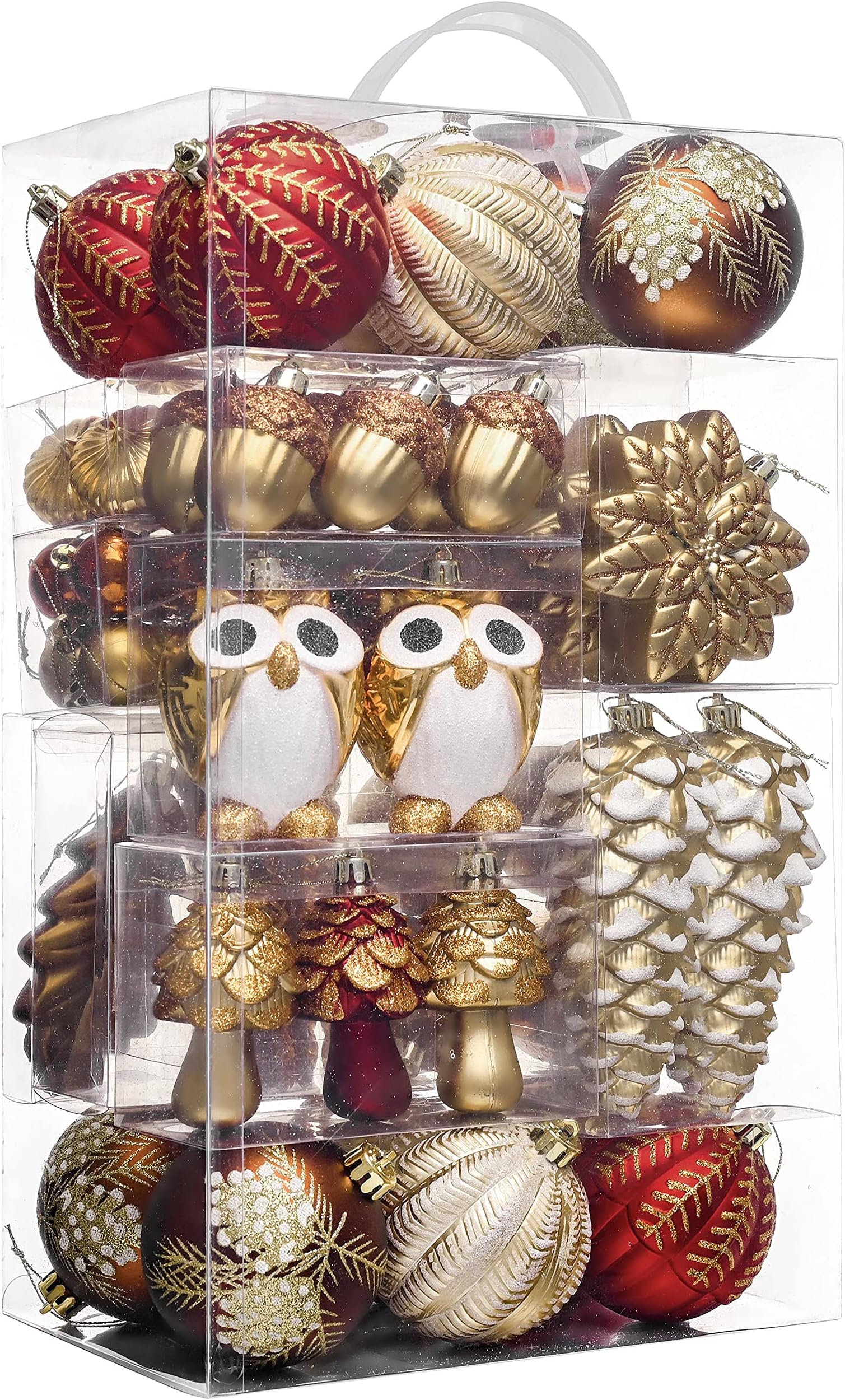 Valery Madelyn Christmas Ornaments Set, 80ct Red and Brown Shatterproof Christmas Tree Decorations, Woodland Hanging Ball Ornaments Bulk for Xmas Holiday Decor