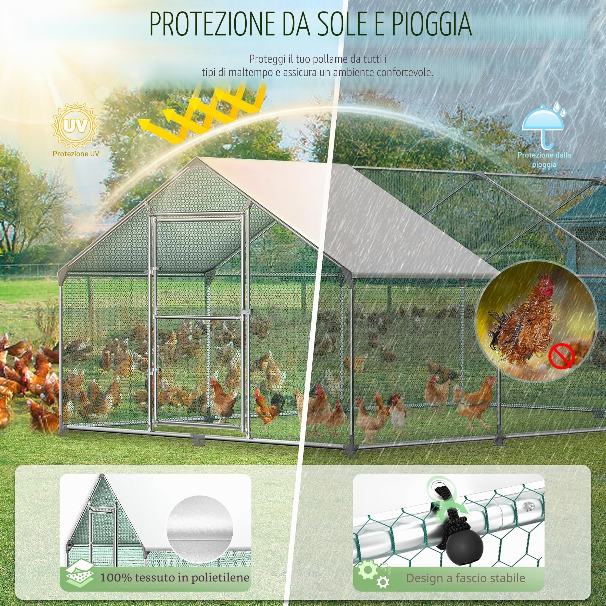 Froadp Pollaio Voliera All'aperto Grande Recinto per Polli Ruspanti con Copertura di Protezione Solare in PE Gabbia Recinto per Polli Recinto per Esterni con Struttura in Acciaio Zincato (3x2x2m)