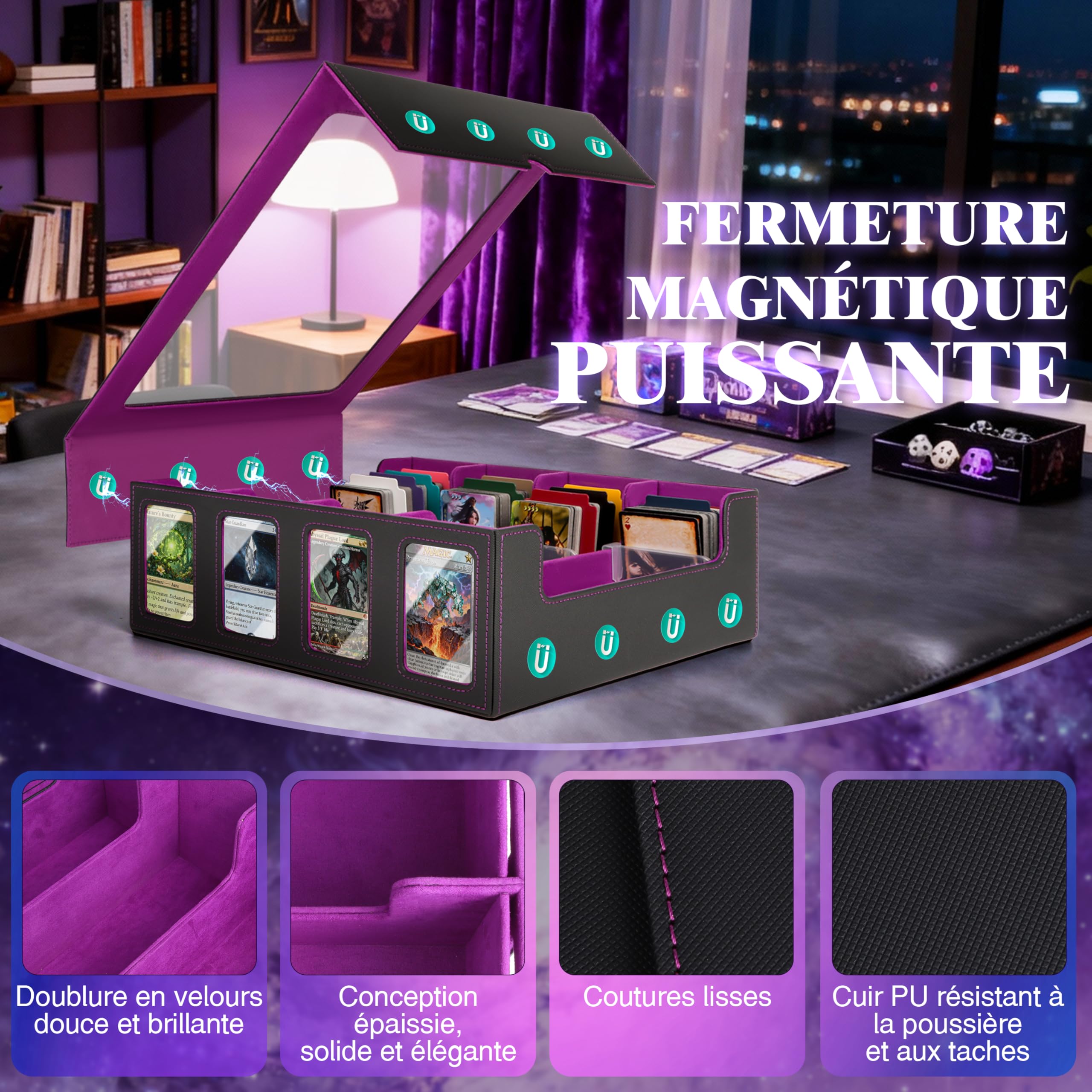 Charmofun Boîte Rangement Carte, Boîte à Cartes pour Plus de 2400+ Cartes Avec 10 Séparateurs, 4 Blocage et Plateau à Dés, Boîte à Rabat Magnétique Avec Cuir Pu et Poignée (Violet, 2400+)