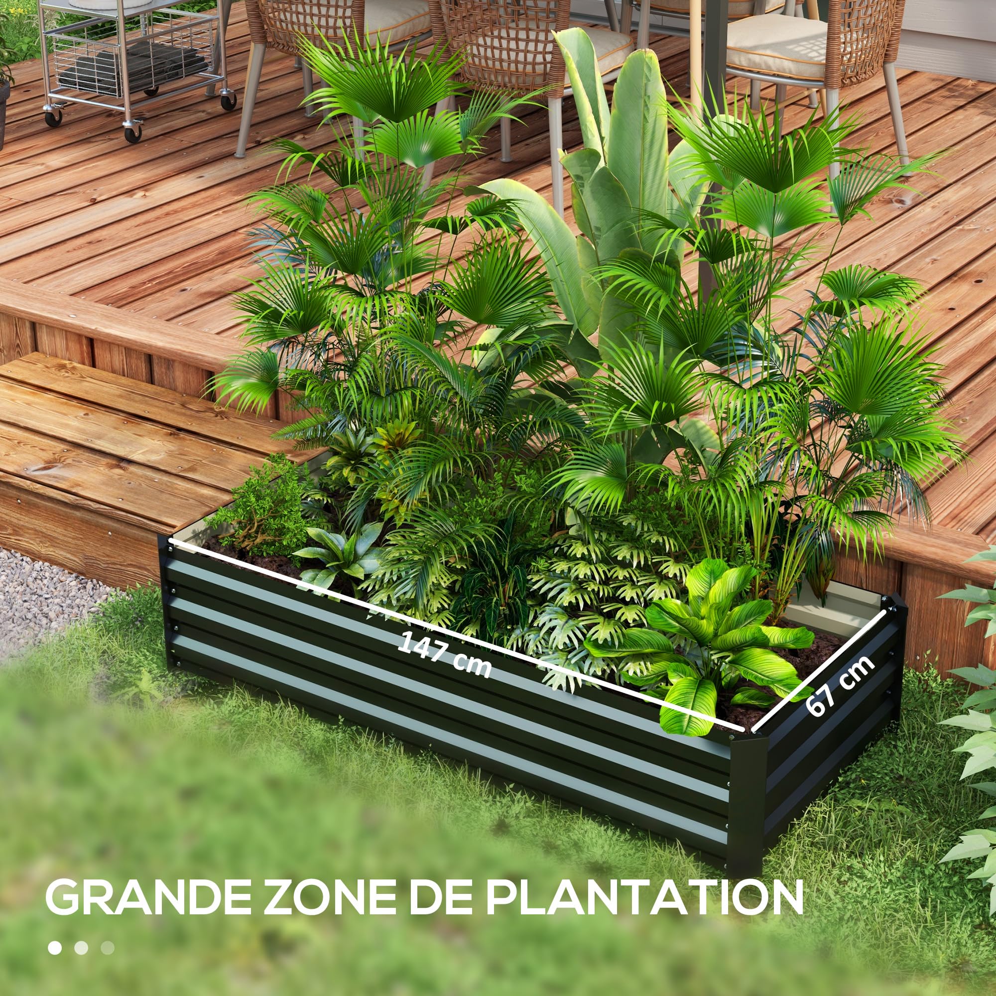 Outsunny Jardinière rectangulaire Potager de Jardin bac à Fleurs en Acier avec Bordure de sécurité et Fond Ouvert dim. 150L x 70l x 30H cm Noir