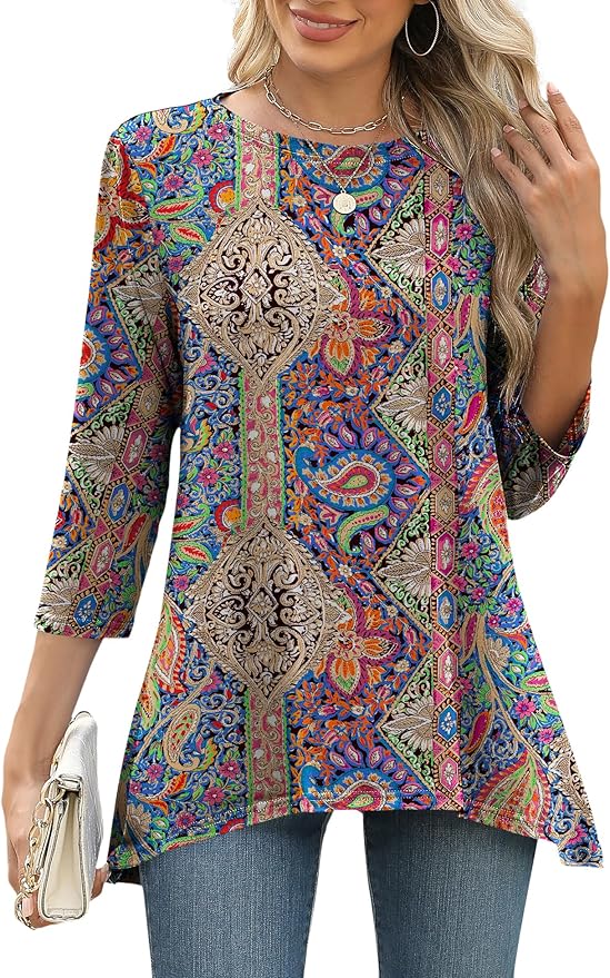 LOMON 3/4 Sleeve Tunic Tops for Women Loose Fit Dressy Casual Blouse Flowy Shirts to Wear with Leggings S-3XL