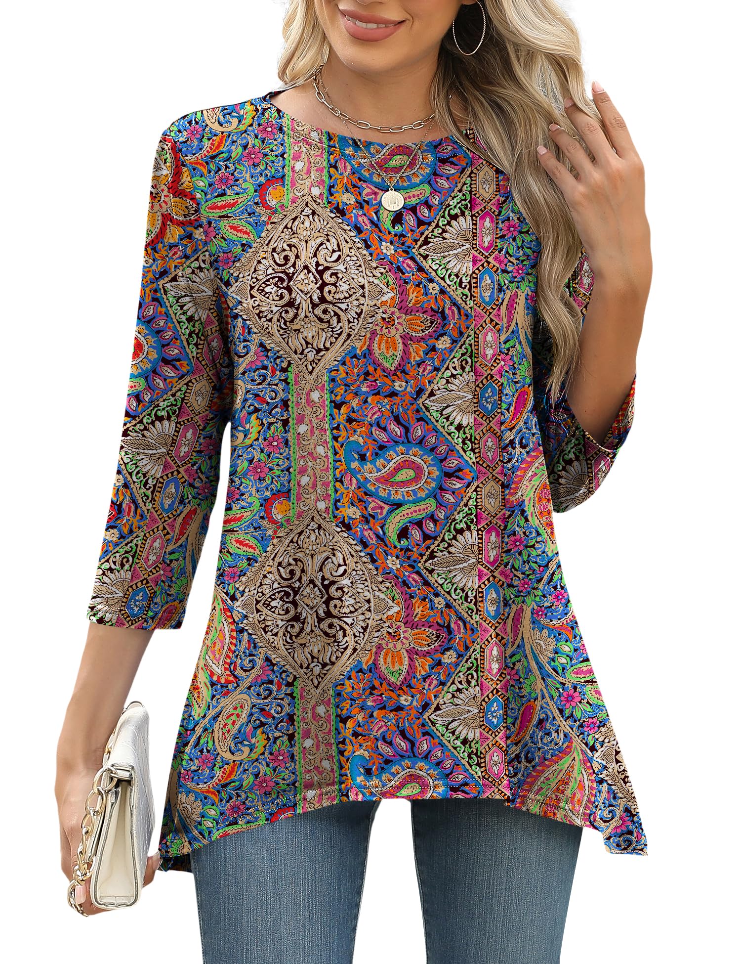 LOMON3/4 Sleeve Tunic Tops for Women Loose Fit Dressy Casual Blouse Flowy Shirts to Wear with Leggings S-3XL