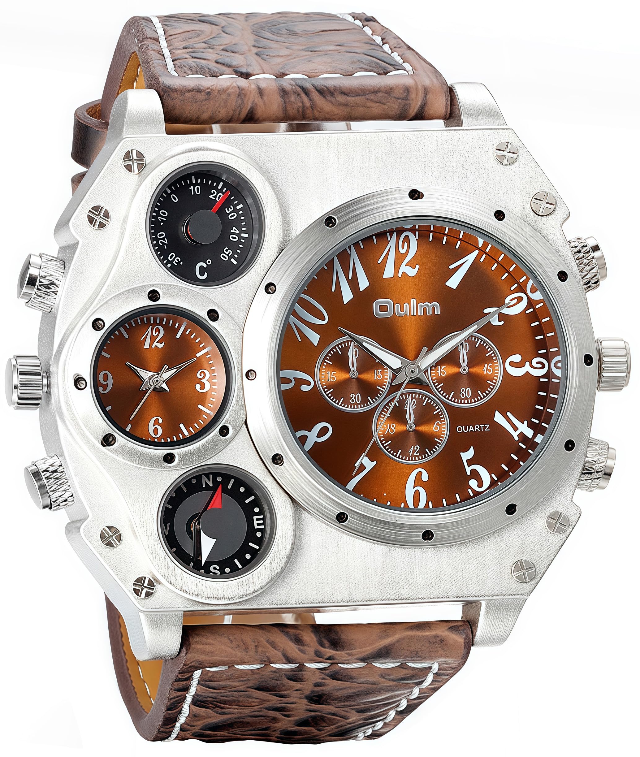 MASTOP Montre à quartz multifonction surdimensionnée pour homme avec grand cadran, double fuseaux horaires, boussole décorative et thermomètre, style militaire steampunk bracelet en cuir, cadeau pour