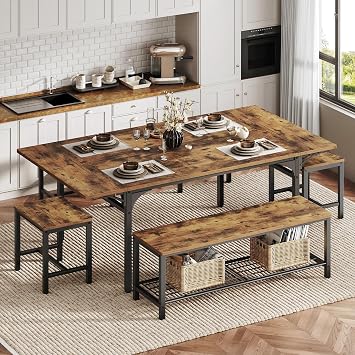 RALGEND Dining Table Set for 4-6, 63 Extendable Kitchen Table Chairs Set with 1 Bench and 4 Stools, 6-Piece Dining Room Table Set with Storage Rack & Metal Frame, Rustic Brown and Black
