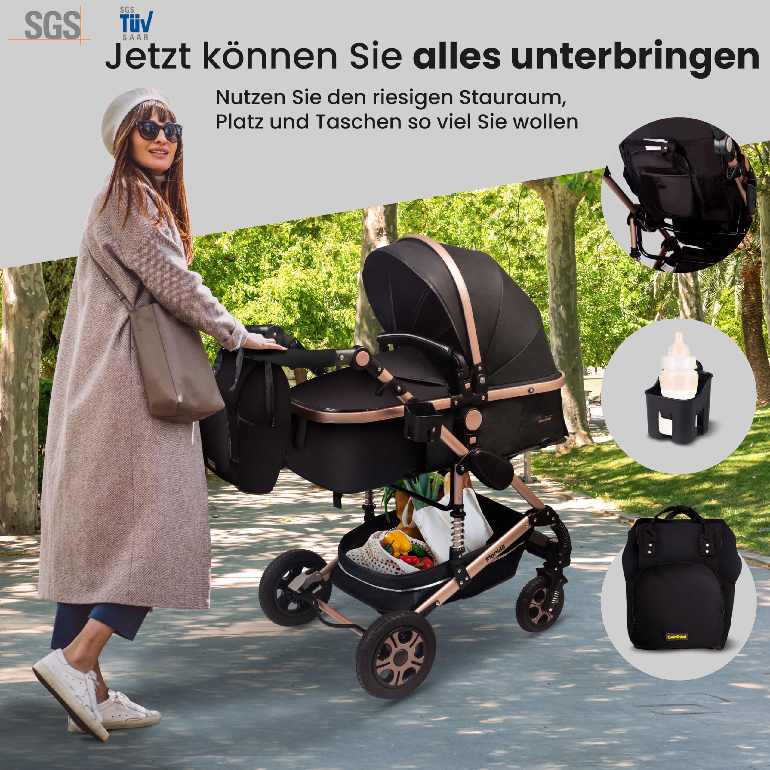 GaGaDumi Florida Kinderwagen 3 in 1 Komplettset mit Autositz - Baby Stroller TÜV - Kombikinderwagen Komplettset Voll-Gummireifen - Wickeltasche Schwarz/Schwarz