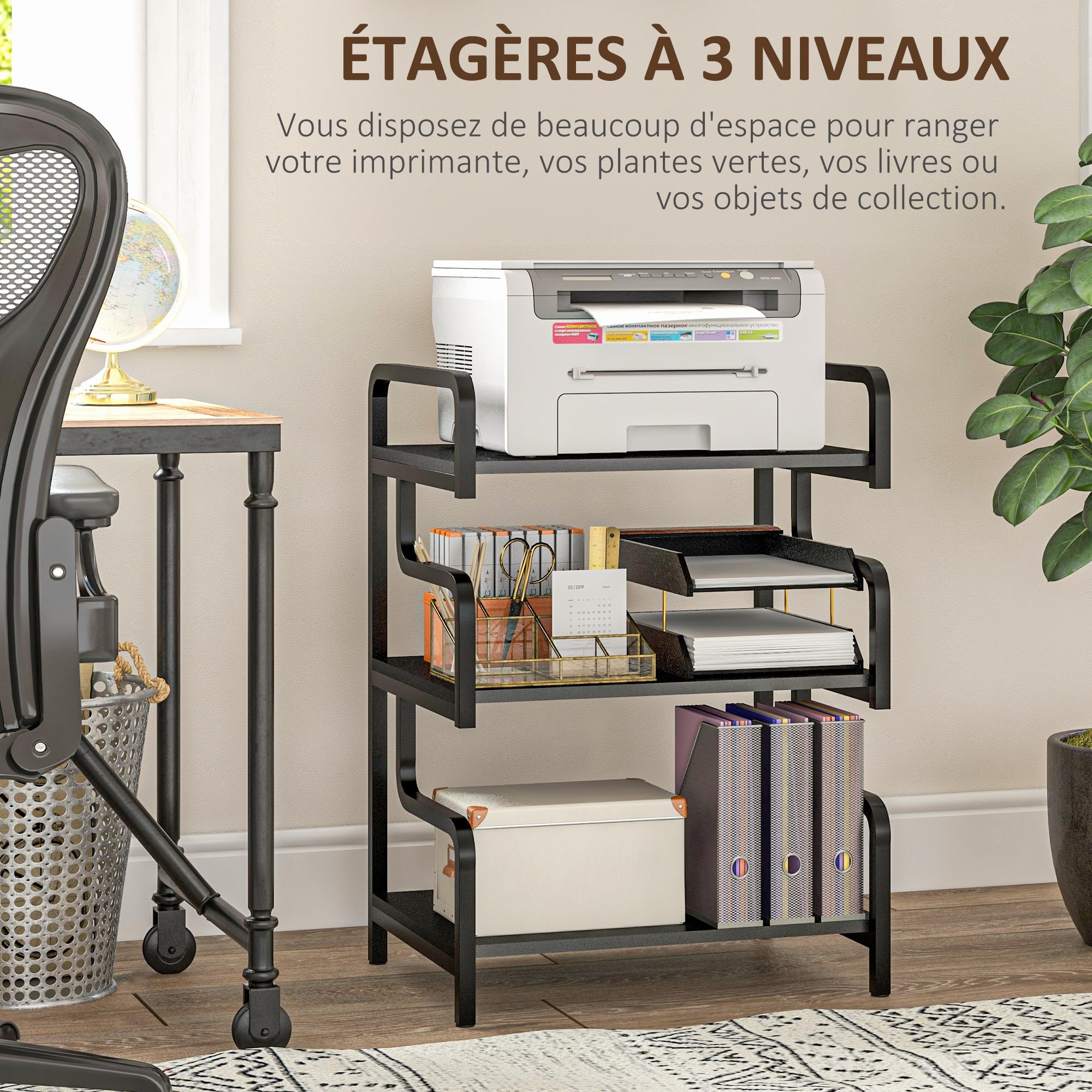 HOMCOM Support d'Imprimante à 3 Niveaux Meuble Imprimante 55x40x77cm Noir | Étagère de Rangement, en Bois et Métal, pour Bureau Maison