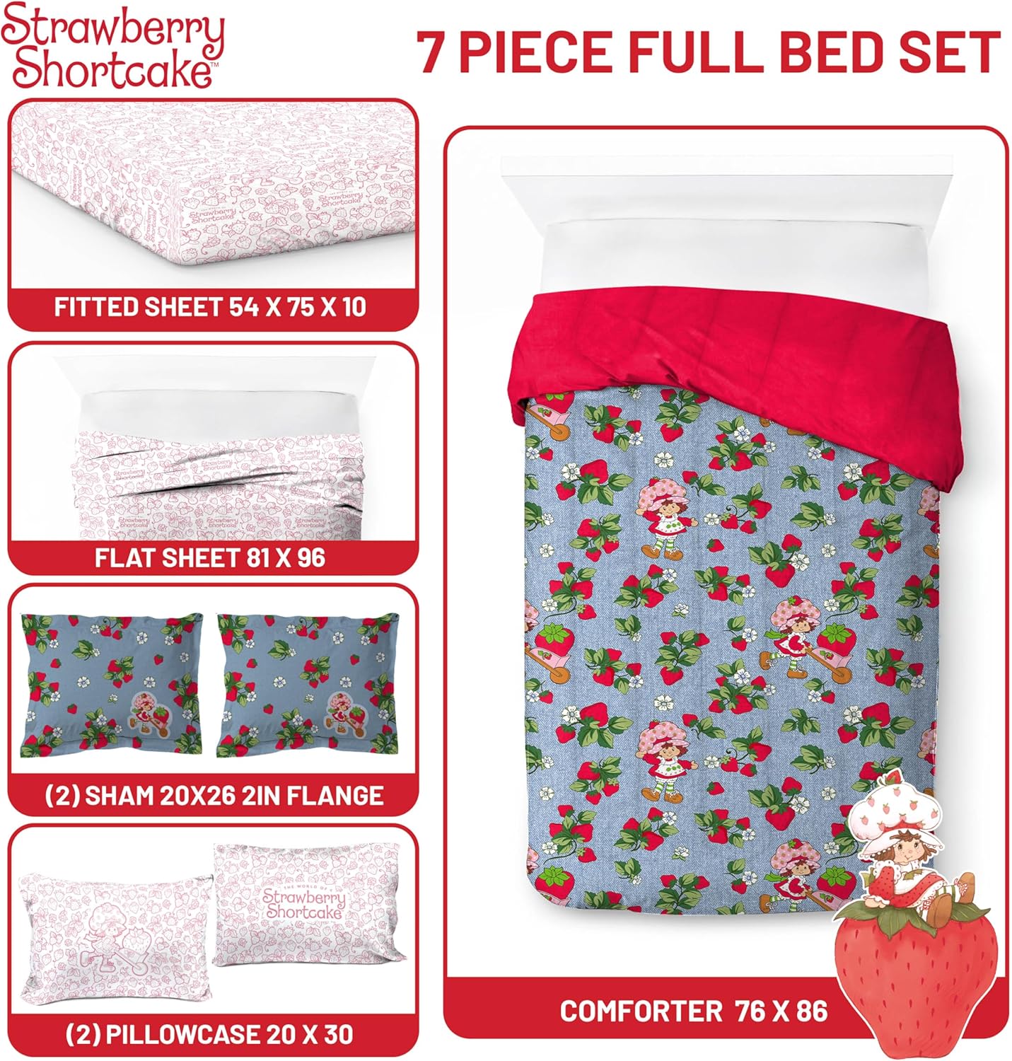 Jay Franco Kids Comforter Set Includes Sheets and Pillow Covers - Soft and Cozy Bed Set for Stylish Room Decor, Blue - Strawberry Shortcake, 7 Piece Full Size Bedding - Image 3