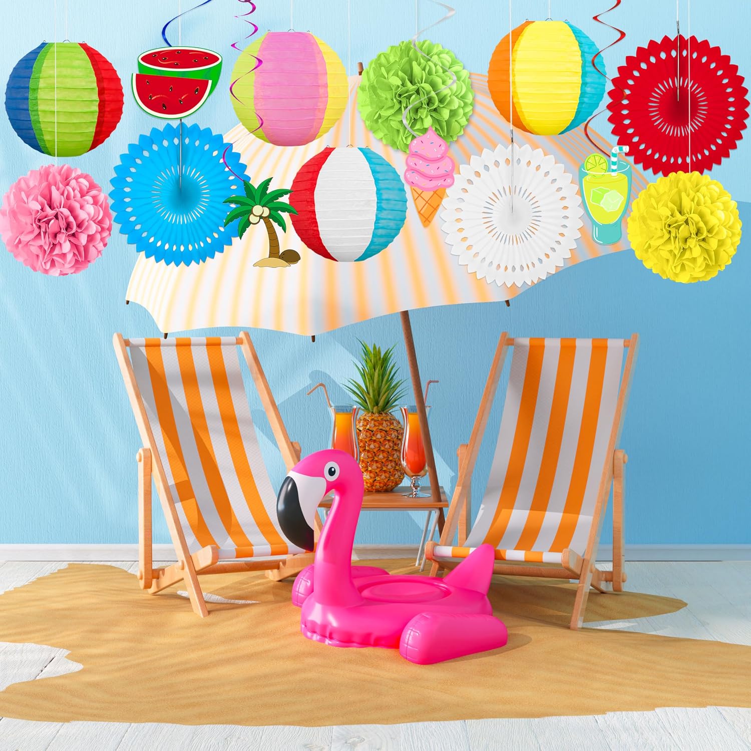 Renbuzhu 14Pcs Beach Party Decorations Paper Lanterns Fans Pom Poms Hanging Swirls - Luau Pool Summer Hawaiian Tropical Themed Decor for Home Birthday Outdoor Indoor