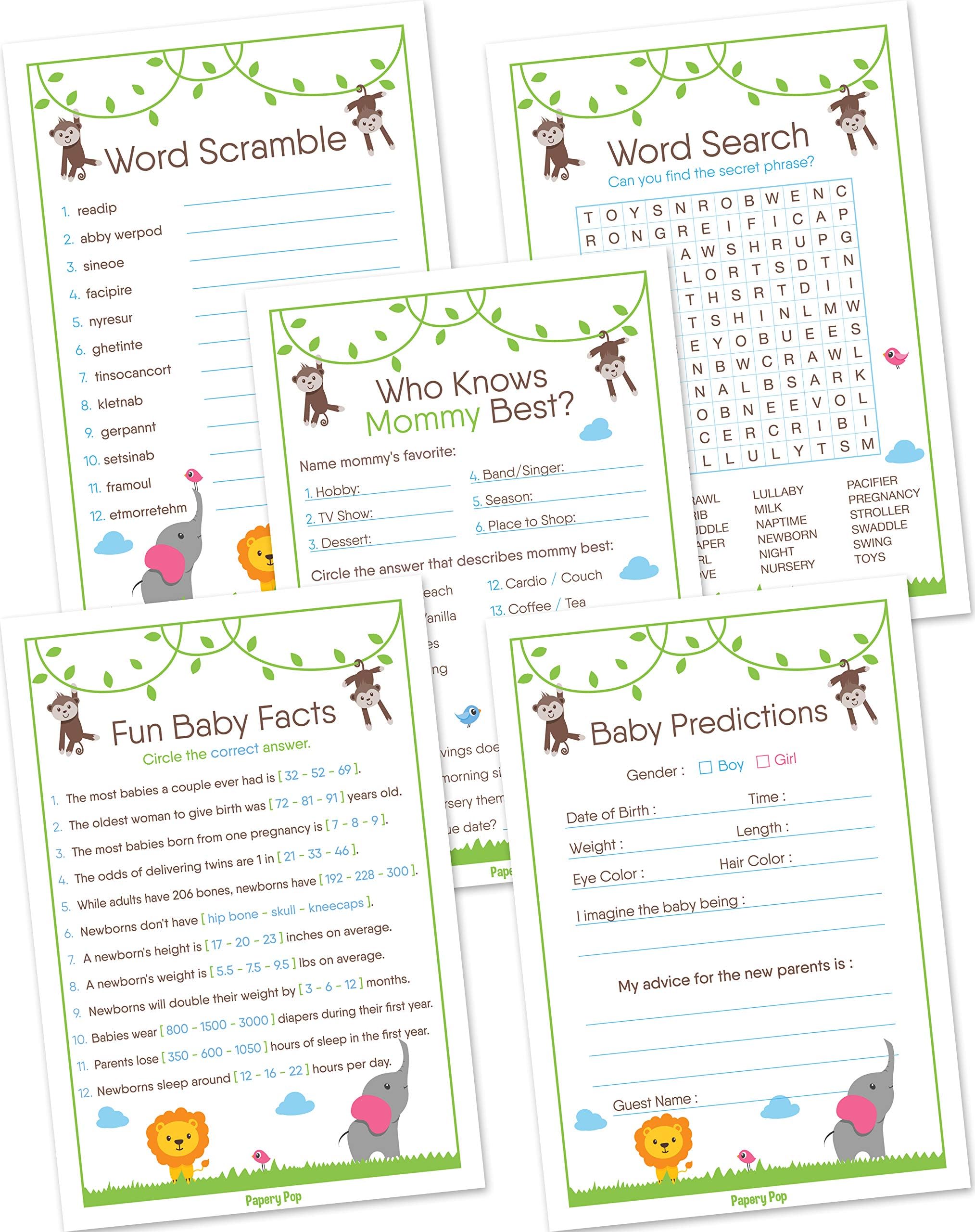 Baby Shower Games for Boy or Girl - Set of 5 Activities for 50 Guests - Pack of 250 Cards - Baby Shower Supplies - Safari Jungle Zoo Animals