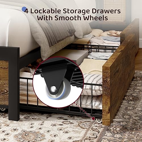 Miniatura 7 de Base de cama tamaño Queen con 4 cajones de almacenamiento y cabecero con almacenamiento de estantes, marco de cama de plataforma de madera con luces