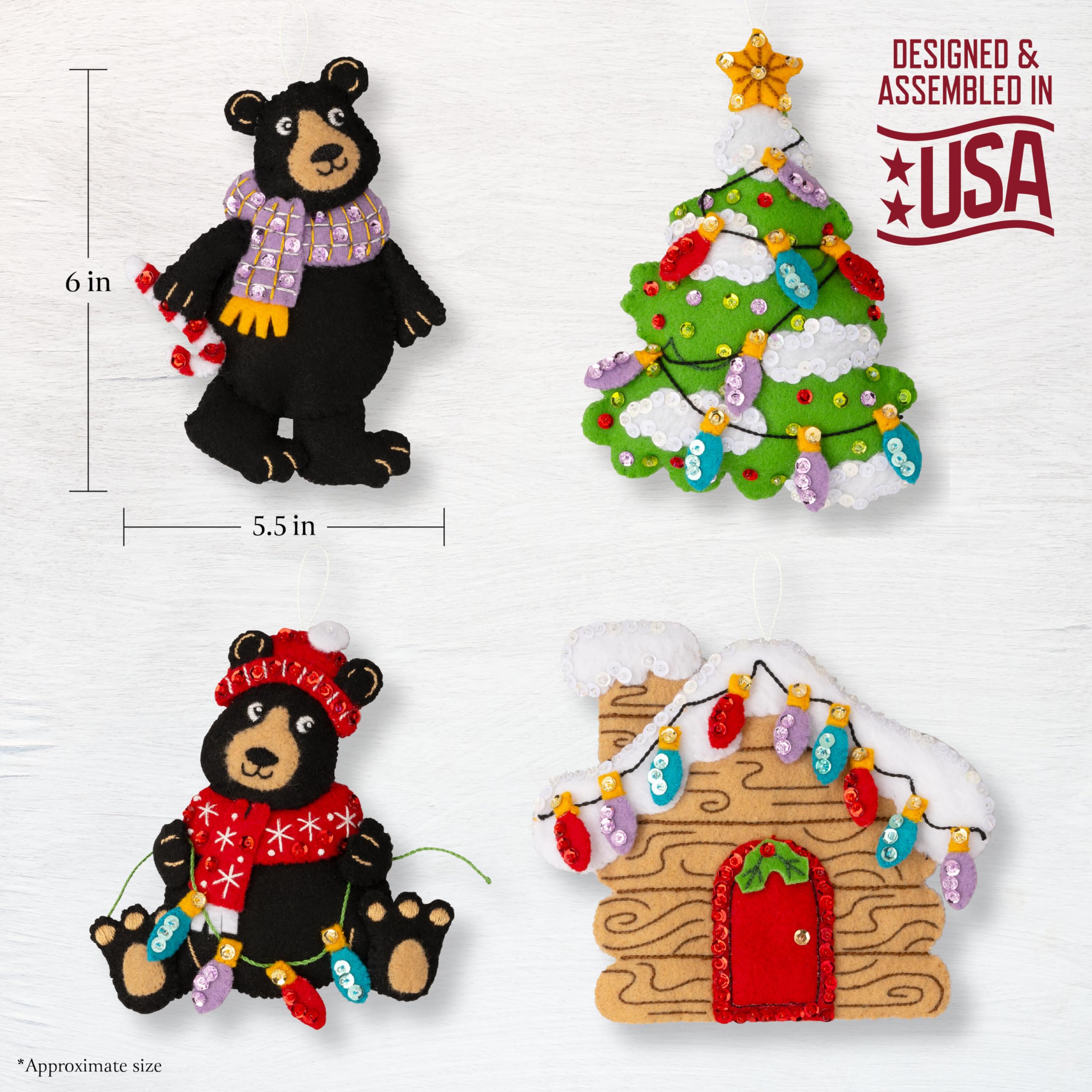 Bucilla, Holiday Black Bears, Felt Applique 4 Piece Ornament Making Kit, Perfect for DIY Arts and Crafts, 89665E