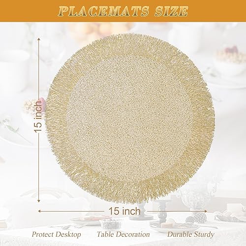 Miniatura 5 de Evevda Juego de 6 manteles individuales dorados redondos con huecos para mesa de vinilo prensado metálico, manteles individuales impermeables a