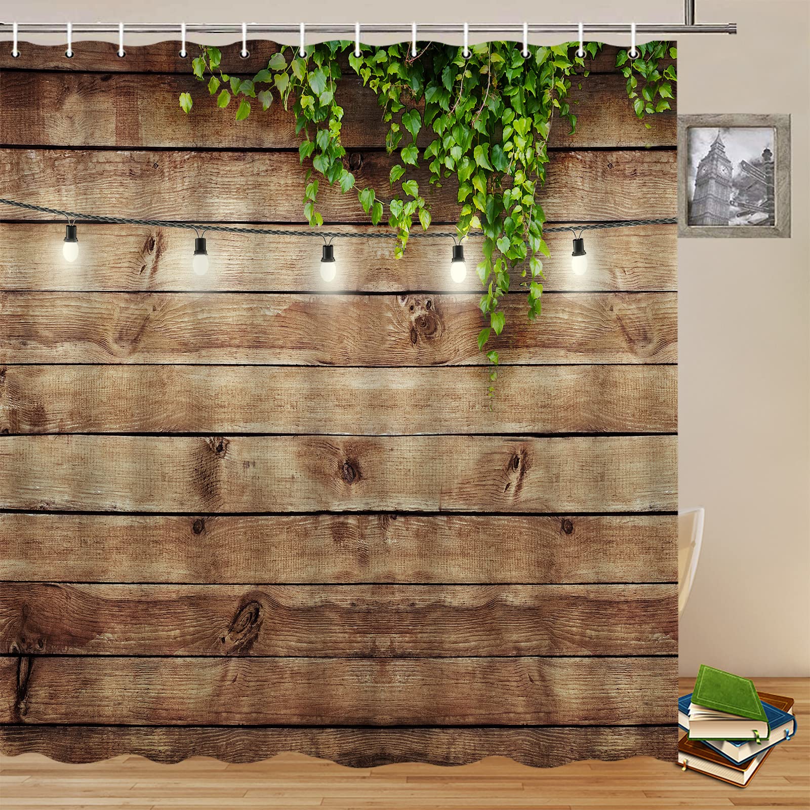 Rustikaler Duschvorhang Holzbrett-Design – 178x178cm, Polyester, Mit Haken, Landhaus-Look