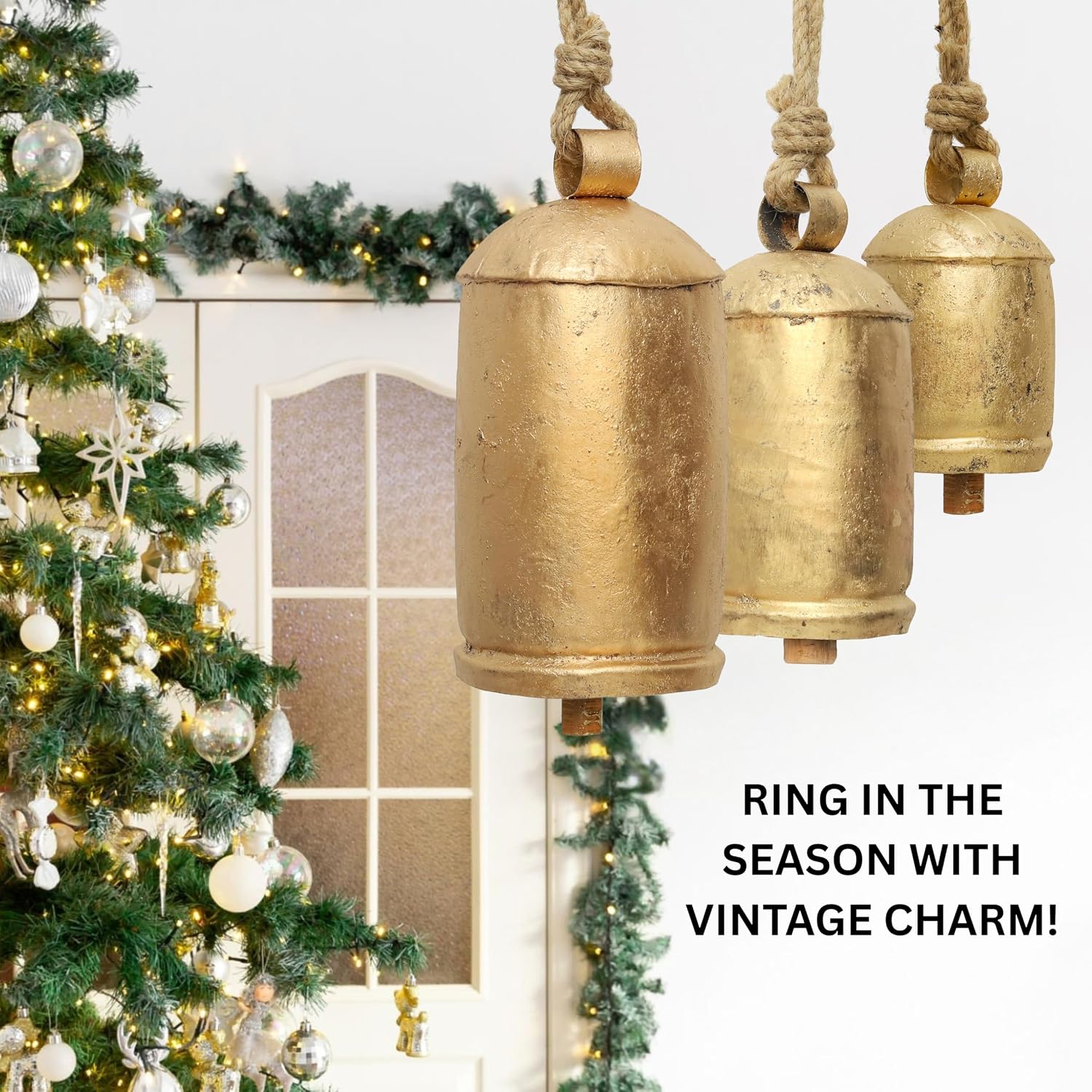 Vintage Rustic Cowbell Cluster – Hanging Christmas Bells Set with Pure Jute Rope – Country Farmhouse & Shabby Chic Holiday Décor (3, Extra Large)