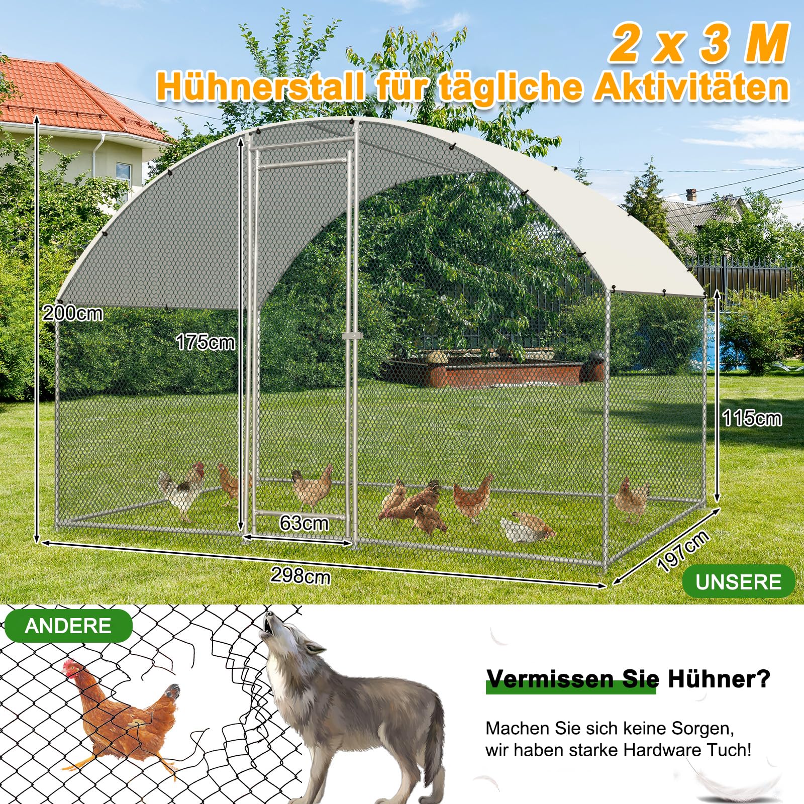 LEADZM Gallinero, 3 x 2 x 2 m, cercado para gallinas, 6 m², gran recinto con polietileno impermeable, de acero galvanizado, cúpula