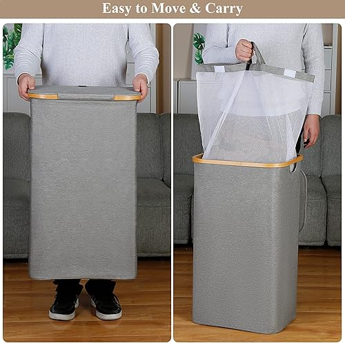 Miniatura 2 de iEGrow Cesta de lavandería con tapa, cesta grande de 110 litros con asa y tapa, organizador plegable de ropa con bolsa interior extraíble para ropa,