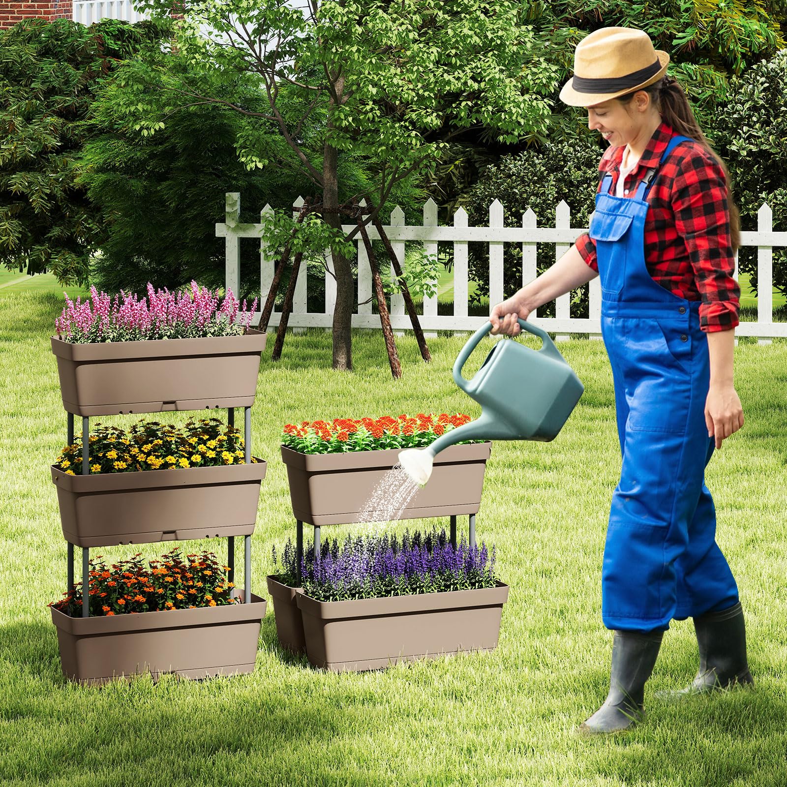 COSTWAY Cajas de Jardinería de 6 Piezas, Jardín Vertical Elevado, Diseño Bricolaje, Torre de Plantación para Vegetales Hierbas Flores, Macetas Jardinera en para Patio Jardín Balcón (Gris)