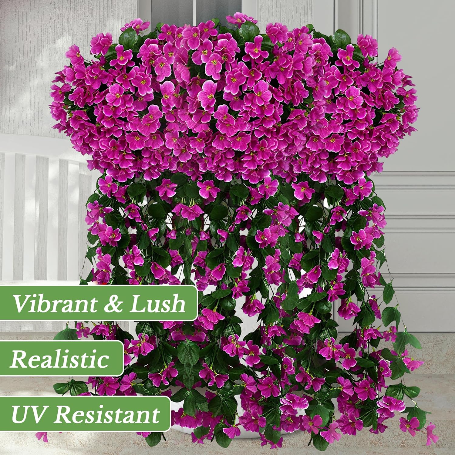 Fake Plants Violet Hanging Plants Artificial Flowers for Outdoors, 2 Pcs Large Bushy Silk Faux Flowers, Look Real Trailing Vines UV Resistant Plants for Outdoor Planters Home Porch Patio (2 Rose Red)
