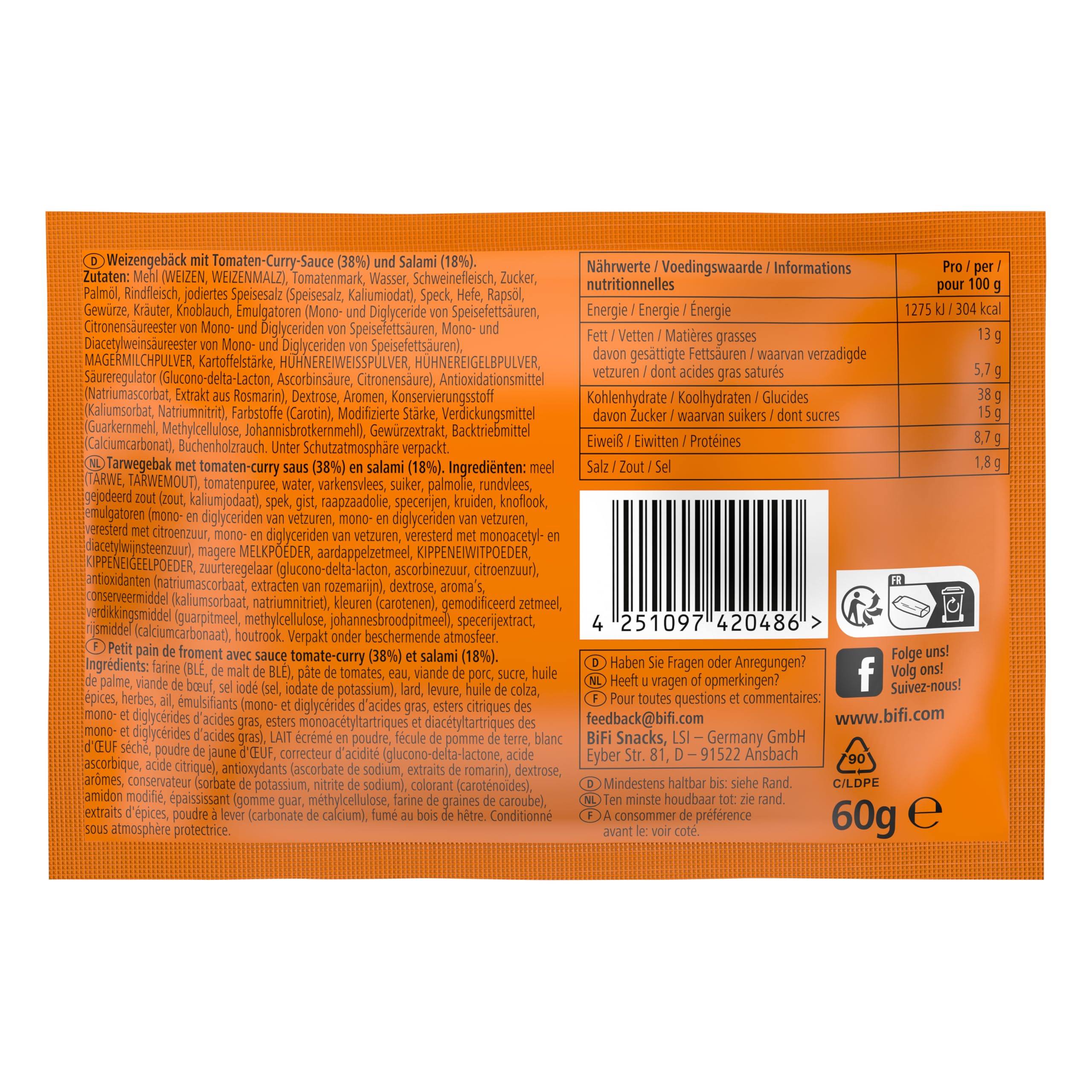 BiFi Currywurst - Lot de 20 (20 x 60 g) - Snack saucisse type salami avec sauce curry dans une pâte moelleuse - Saucisse dans un petit pain de blé à emporter - Idéal pour le bureau ou le sport