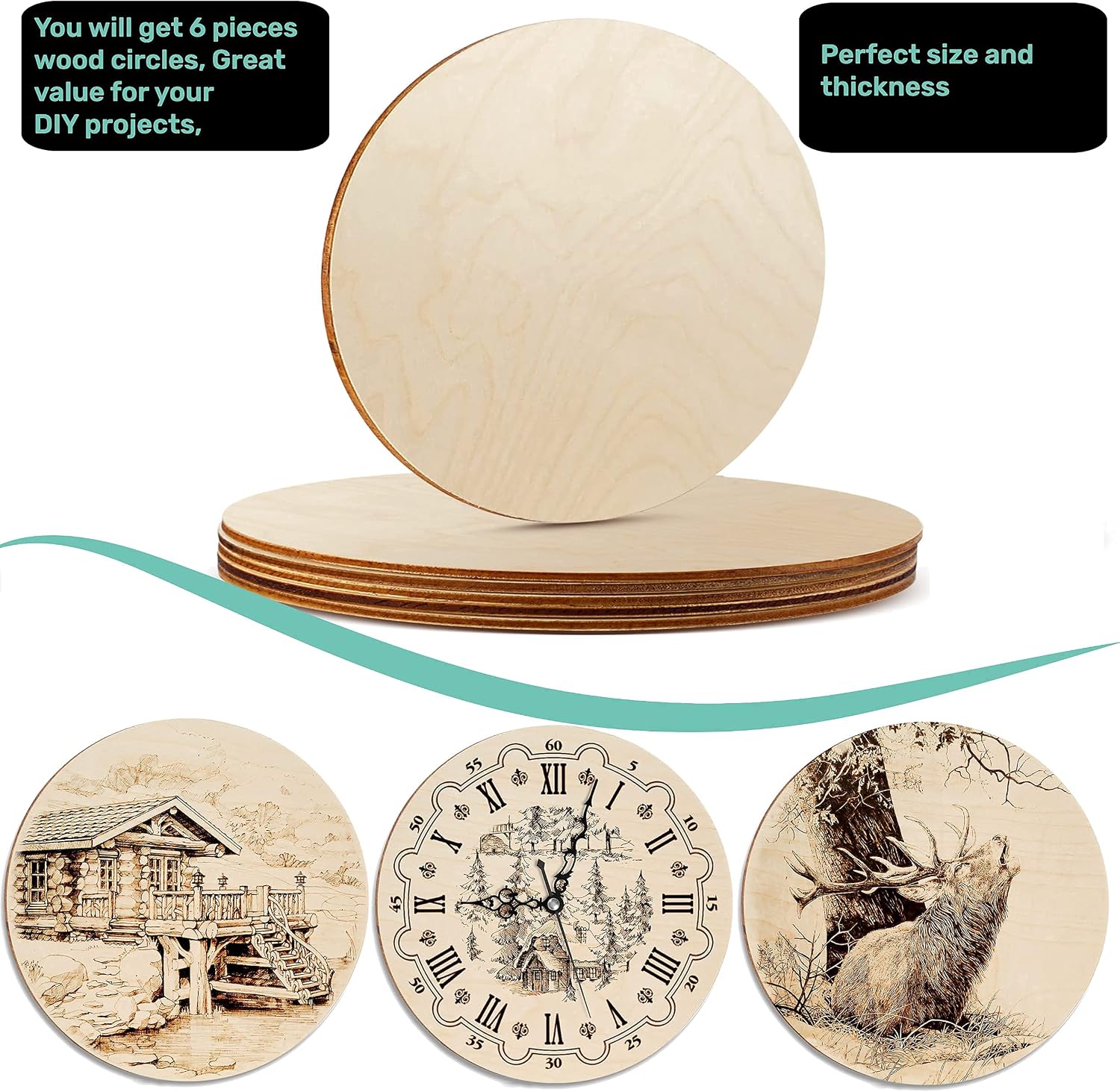 Quush Wood Circles for Crafts – 6 Pack – 14 Inch – Thicker - Unfinished Wood Rounds, Wood Crafts, Wooden Circles, Door Hanger, Wood Burning
