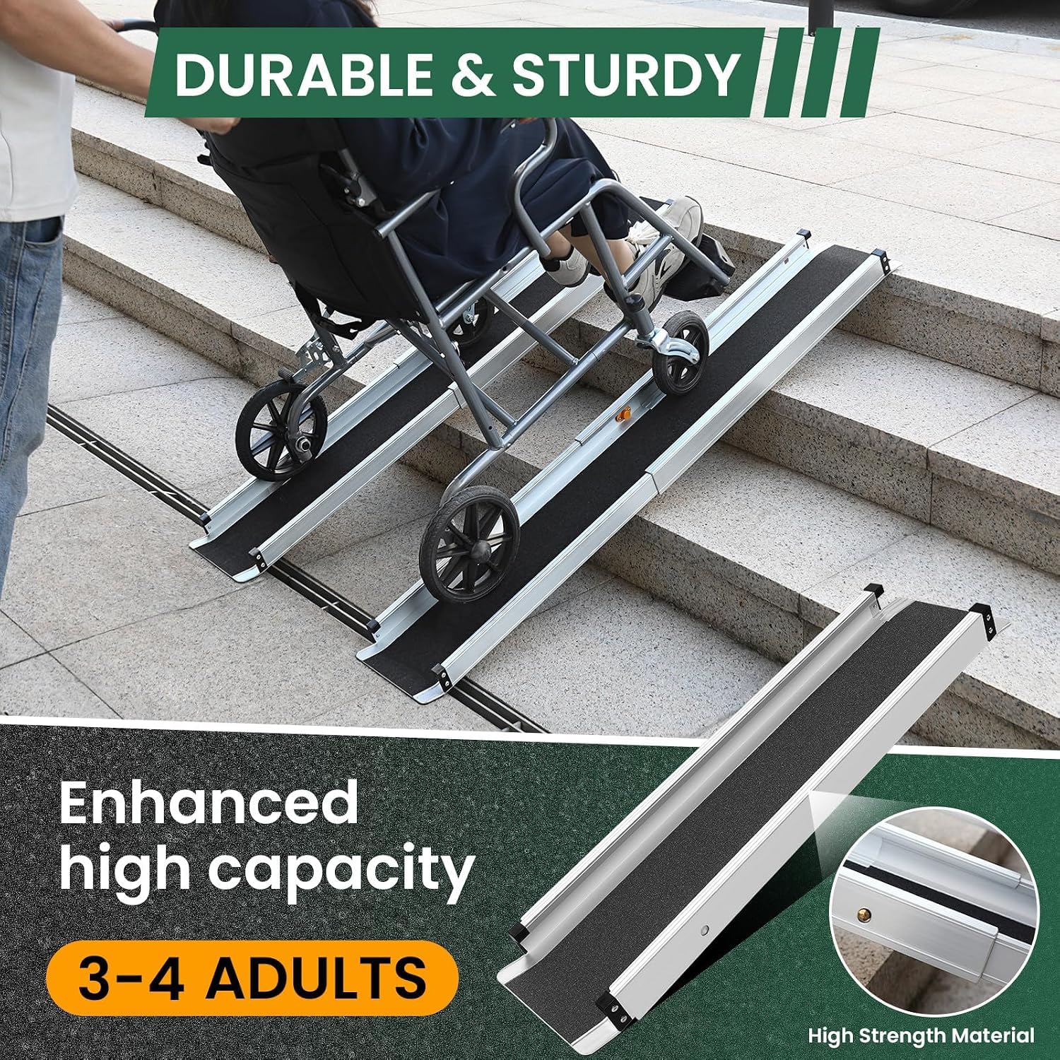 Rampa telescópica de aluminio para silla de ruedas, 2 unidades, antideslizante, capacidad de carga de 300 kg, con bolsa de transporte, para escaleras y obstáculos
