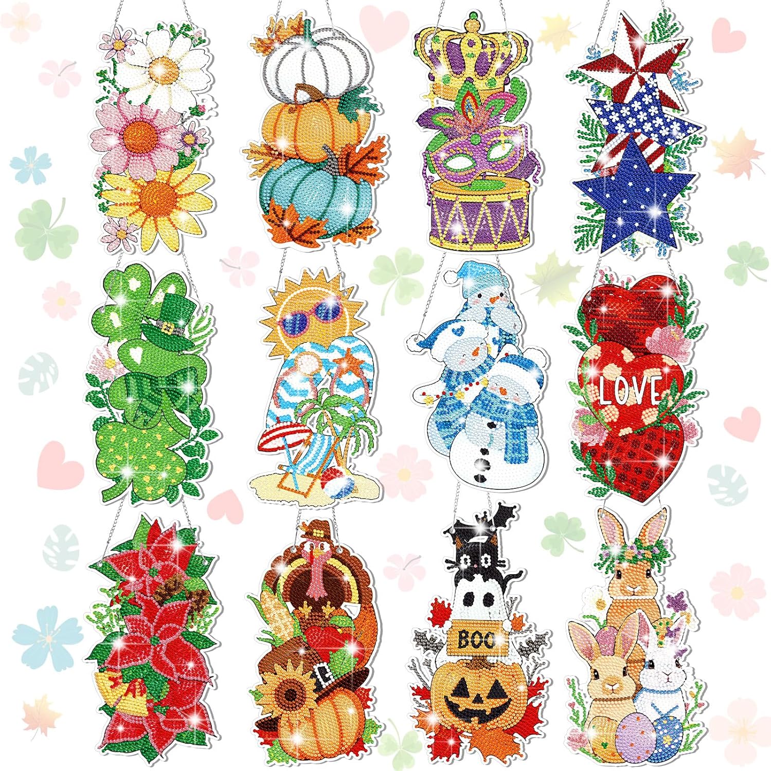 Cinnvoice 12 Pcs Seasonal Diamond Art Wreath Kits Holiday 5d DIY Diamond Painting Signs Germ Hanging Art Ornaments for Wall Door Decorations (Rustic)