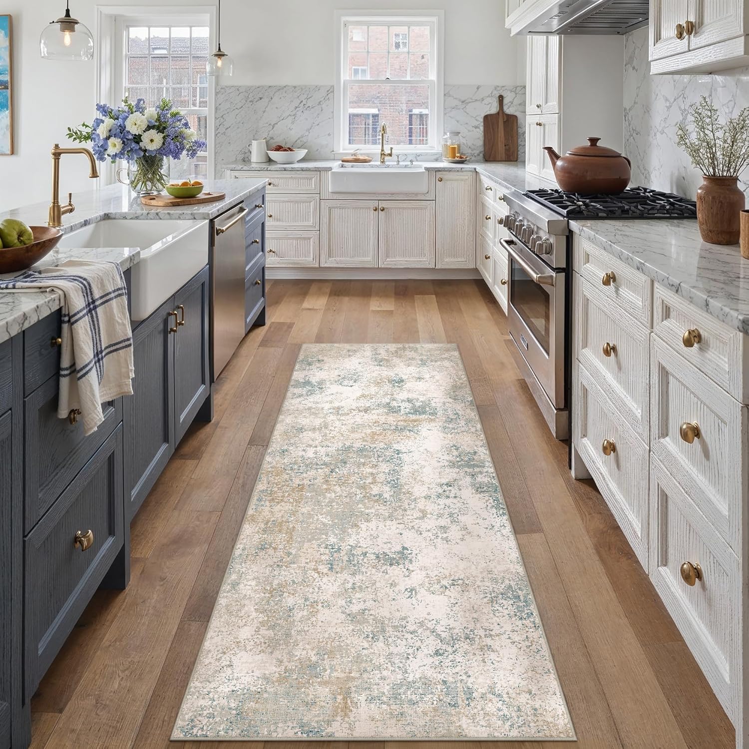 HUGEAR 2x6 Runner Rug Beige Blue Machine Washable Abstract Area Rug Hallway Modern Low Pile Carpet Bedroom Entrance Office Kitchen Laundry Bathroom Non Slip
