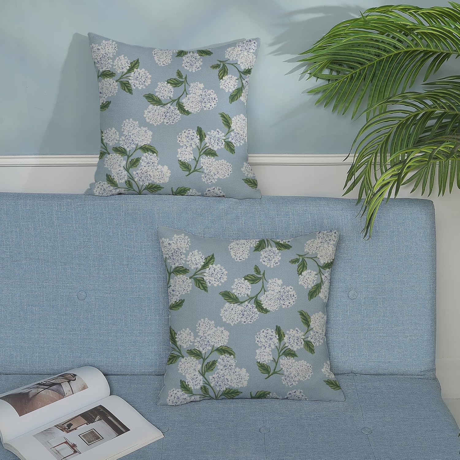 Light Blue Pillow Covers 24x24 Inch 2 Pcs Blue Green Hydrangea Flower Decor Throw Pillows Vintage Floral Seasonal Spring Summer Outdoor Decoration Pillowcase Linen Cushion Cover for Couch Sofa