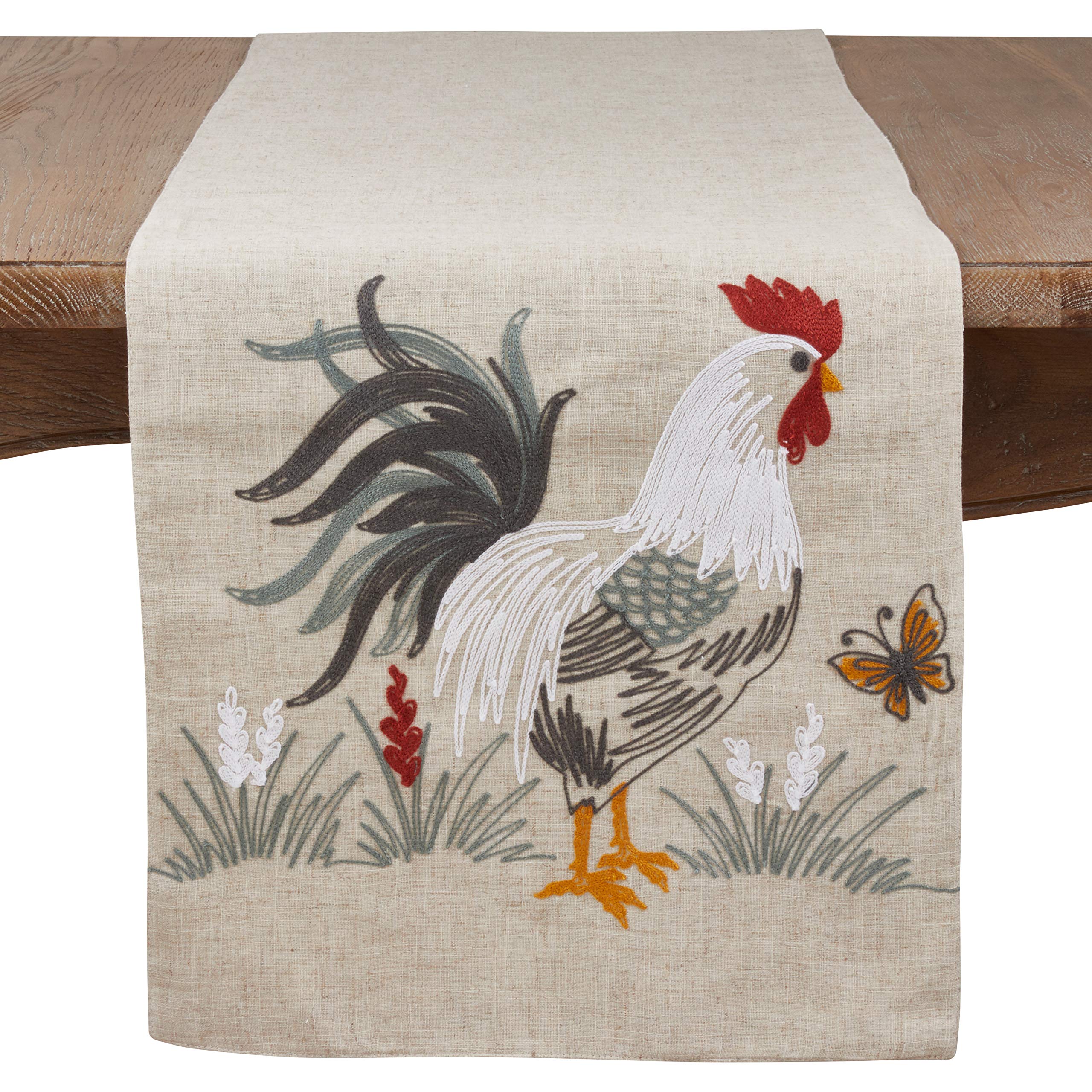 SARO LIFESTYLE 773.N1670B Collection Embroidered Rooster Table Runner, 80% polyester-20% Linen, Natural