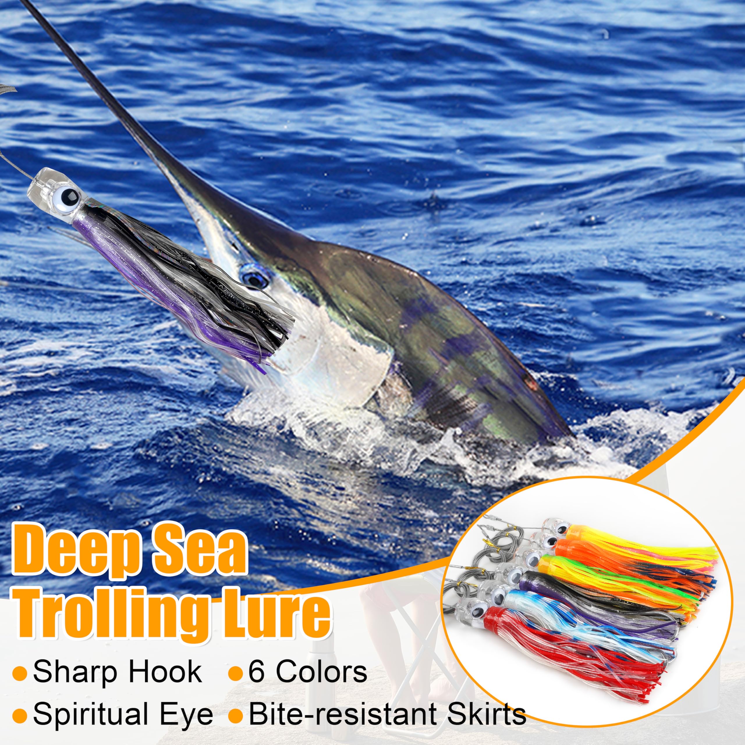 Salzwasser Schleppköder-Set, 6 Stück Tiefsee-Großwild-Angelköder mit Edelstahldraht, Tintenfischrock, Rigged Haken für Thunfisch, Mahi, Wahoo, Delfin, Hai, Marlin