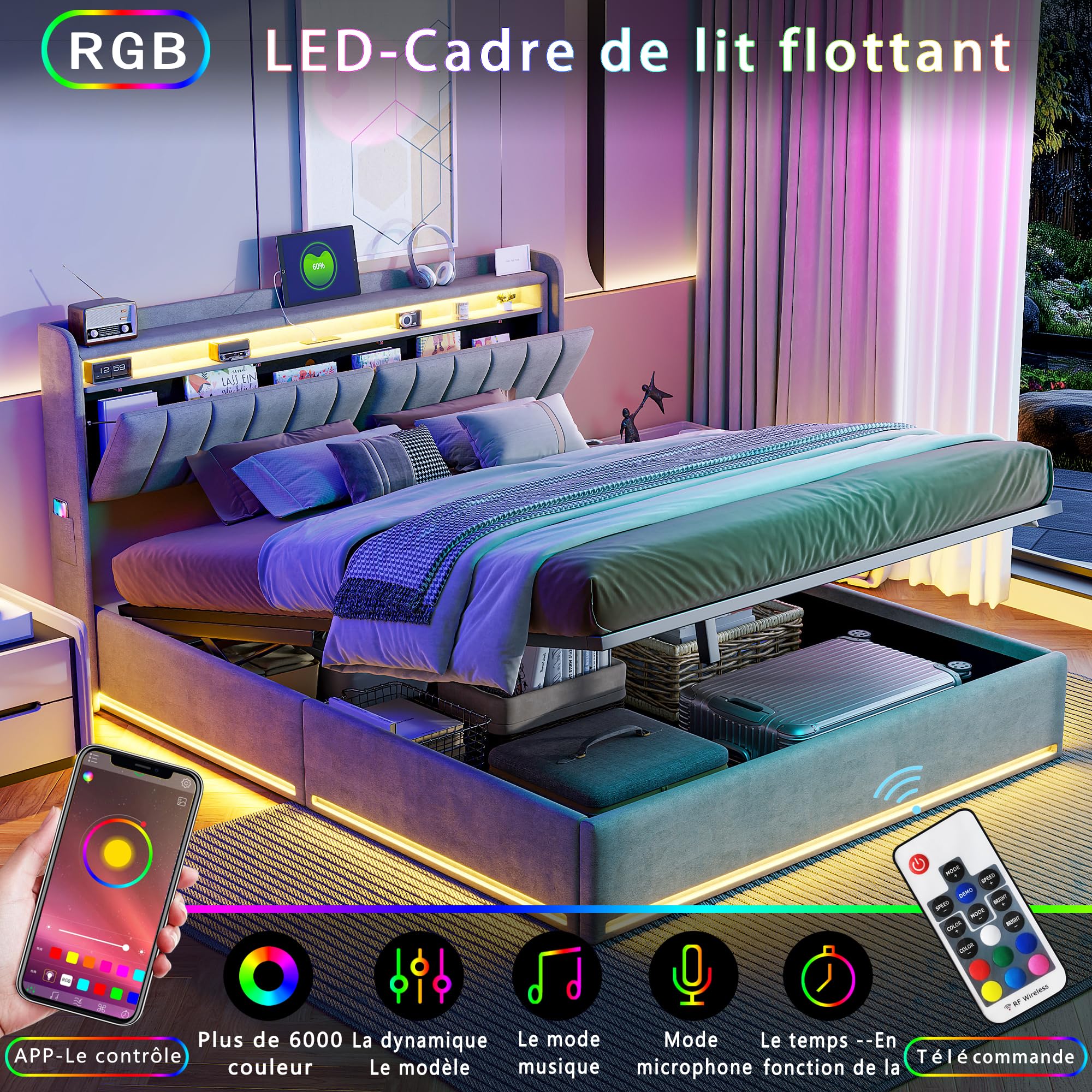Lit Coffre 160 x 200 cm,avec Éclairage LED et Port USB,Lit Double Rembourré avec Rangement et Tete de lit,pour Adultes et Adolescents,Velours (Gris A, 160 x 200 cm)