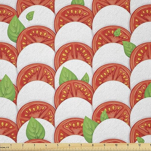 Ambesonne Italy Fabric by The Yard, Realistic Ingredients for Pizza Mozzarella Cheeses Tomatoes and Basil Leaves, Microfiber Fabric for Arts and
