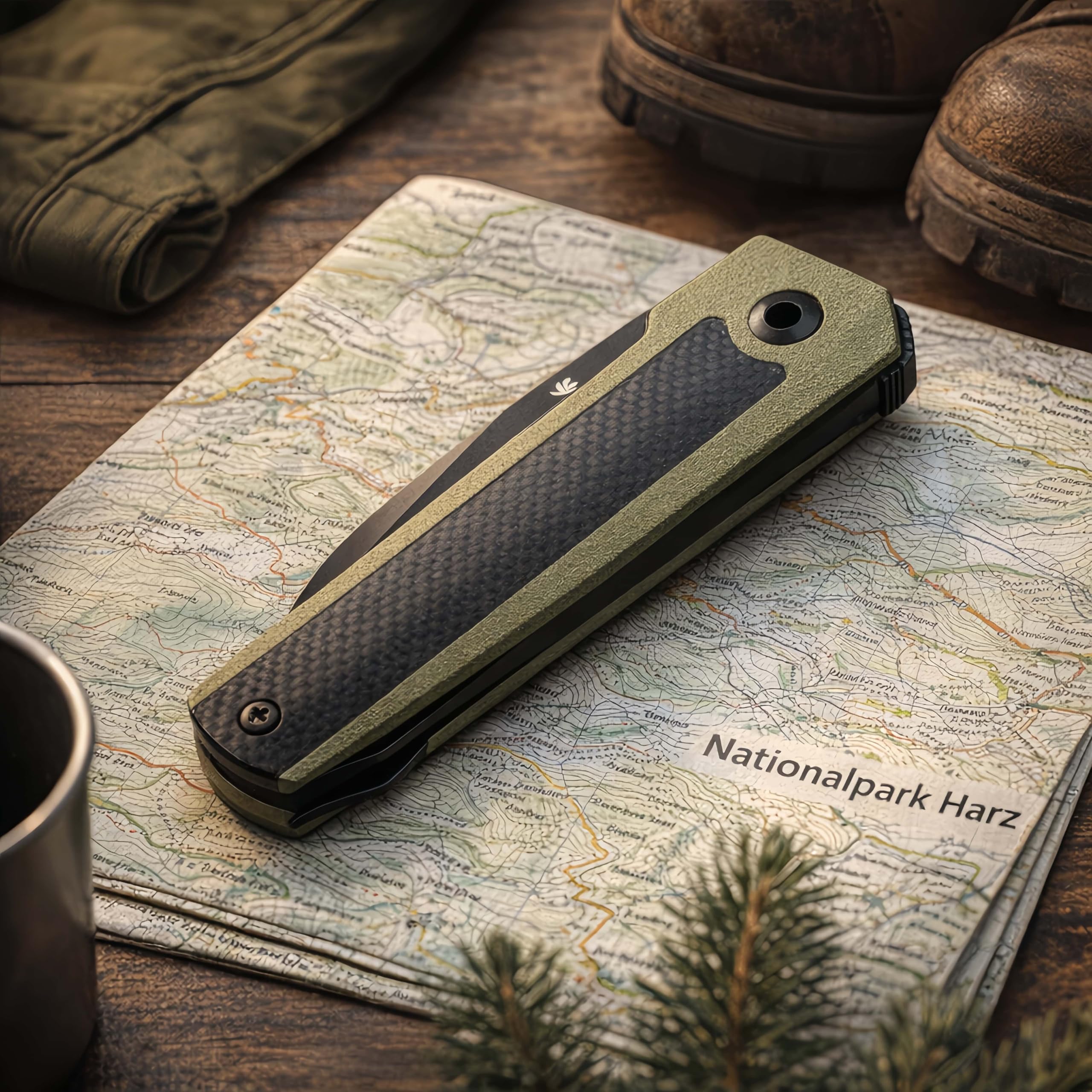 Coltello Tascabile EDC Chiudibile,Lama 5,6 cm con Rivestimento DLC Nero, Impugnatura in G10 Verde Oliva e Intarsi in Fibra di Carbonio, Double-Detent Slip Joint, Hardware in Titanio Satinato