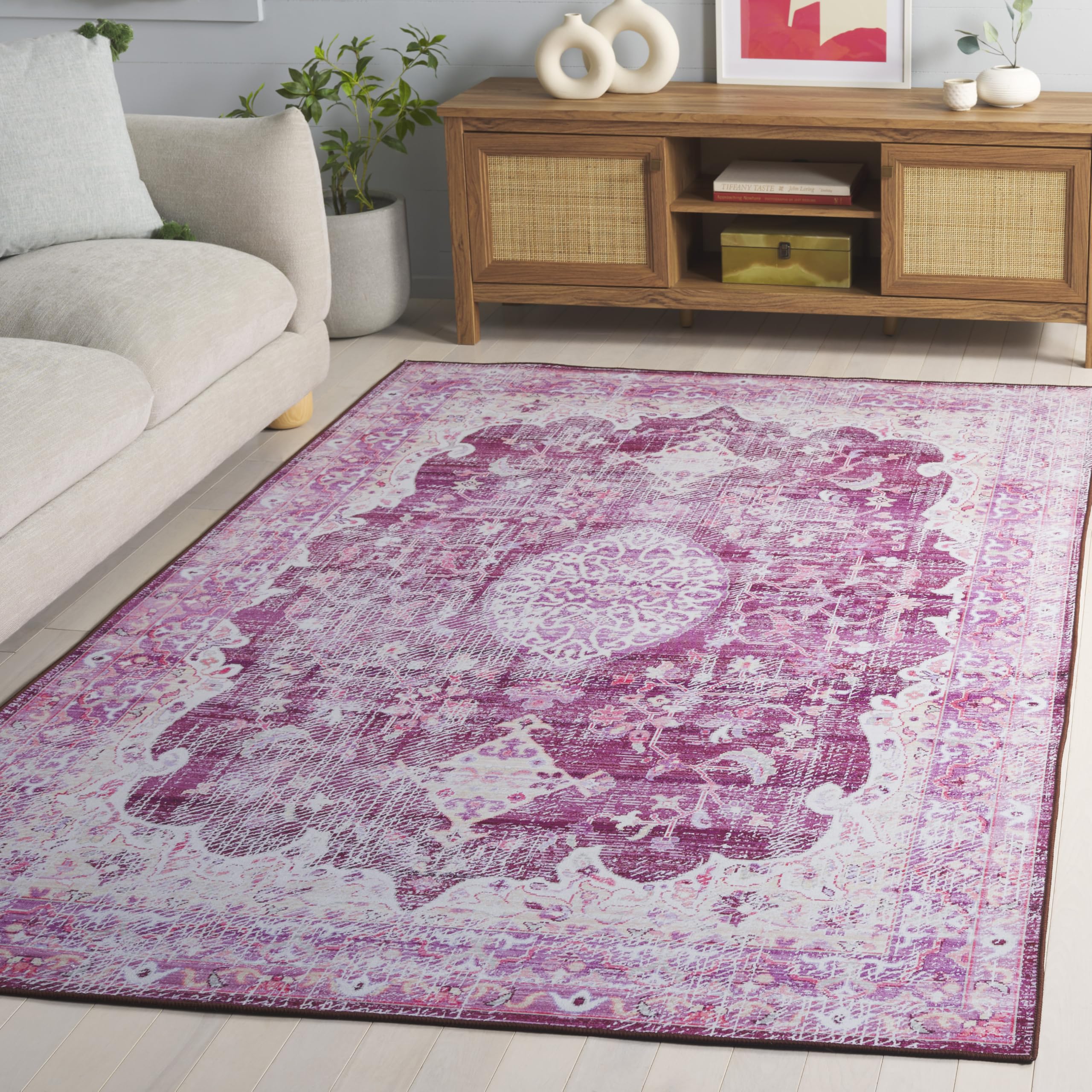 SAFAVIEH Washable Rug Tucson Collection - 6' x 9', Fuchsia & Purple, Slip Resistant & Easy to Clean, Ideal for Living Room, Bedroom, Dining Space (