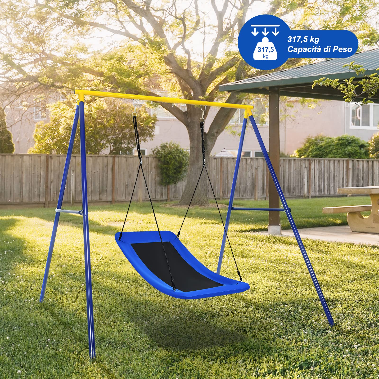 COSTWAY Altalena a Nido per Bambini Giardino, Con Telaio in Metallo, Regolabile in Altezza, Sedia Sospesa per Adulti Bambini, per Cortile Parco Giardino, Portata 150 kg (Blu)