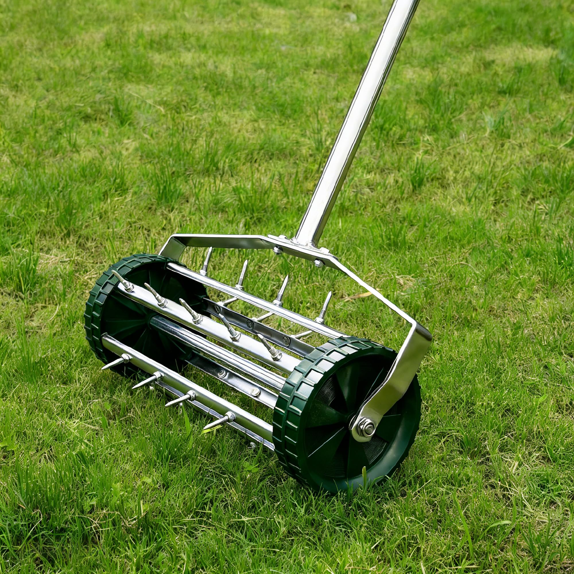 Rollender Rasenbelüfter-Werkzeug, 144,8 cm, rücksparender Griff, robuster verzinkter Stahl, Spike-Belüfter für Graswurzeln, 3,6 cm D manueller Druck-Löser