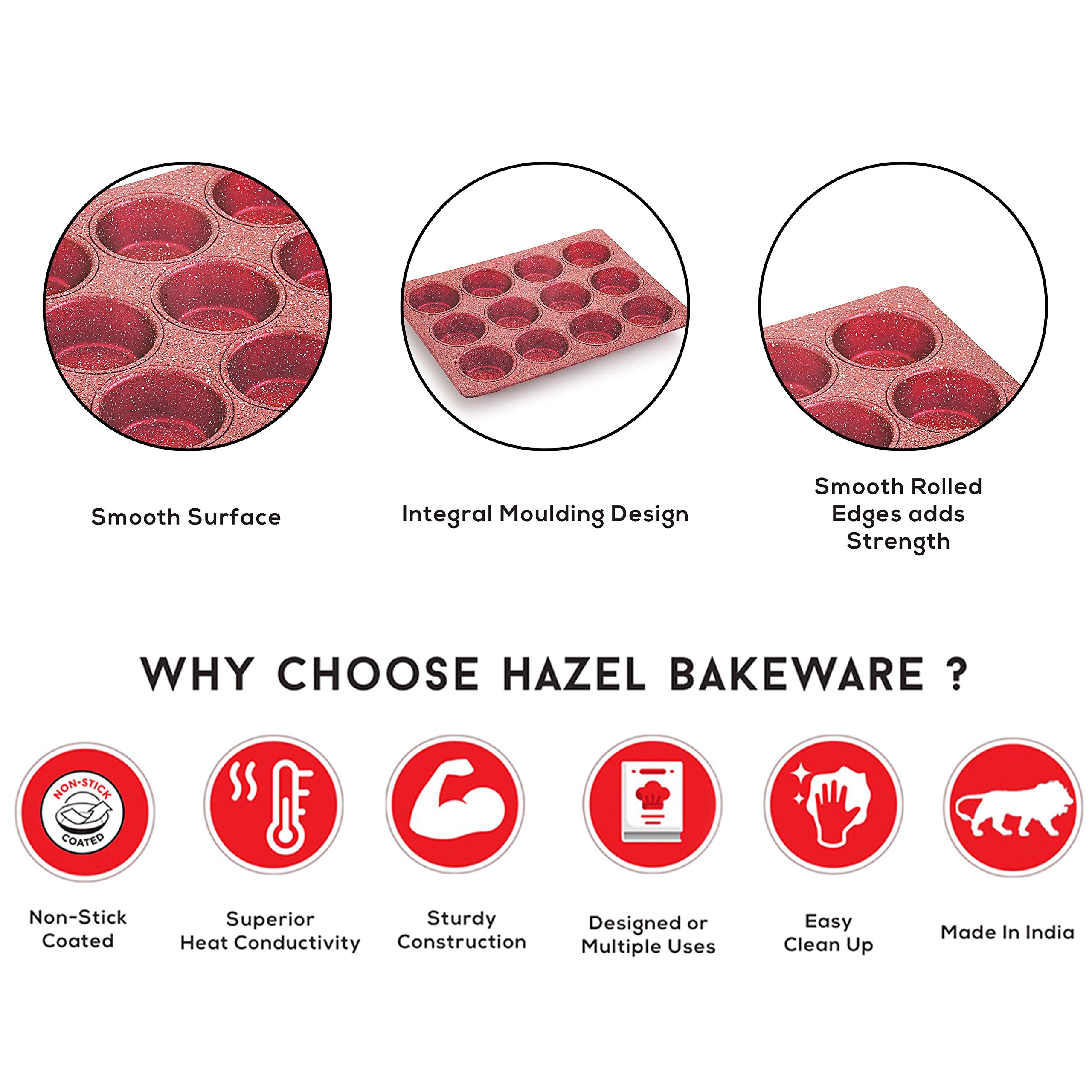 HAZEL Molde de aluminio para magdalenas, apto para microondas, 12 tazas, antiadherente, acabado de granito, bandeja para hornear chocolate, para casa y panadería, color rojo