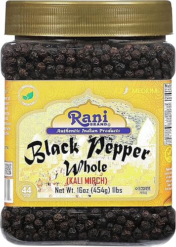 Rani Black Pepper Whole (Peppercorns), Premium Indian MG-1 Grade 16 oz (1 libra), 16.01oz, Tarro PET a granel Todo natural, apto para gluten, sin