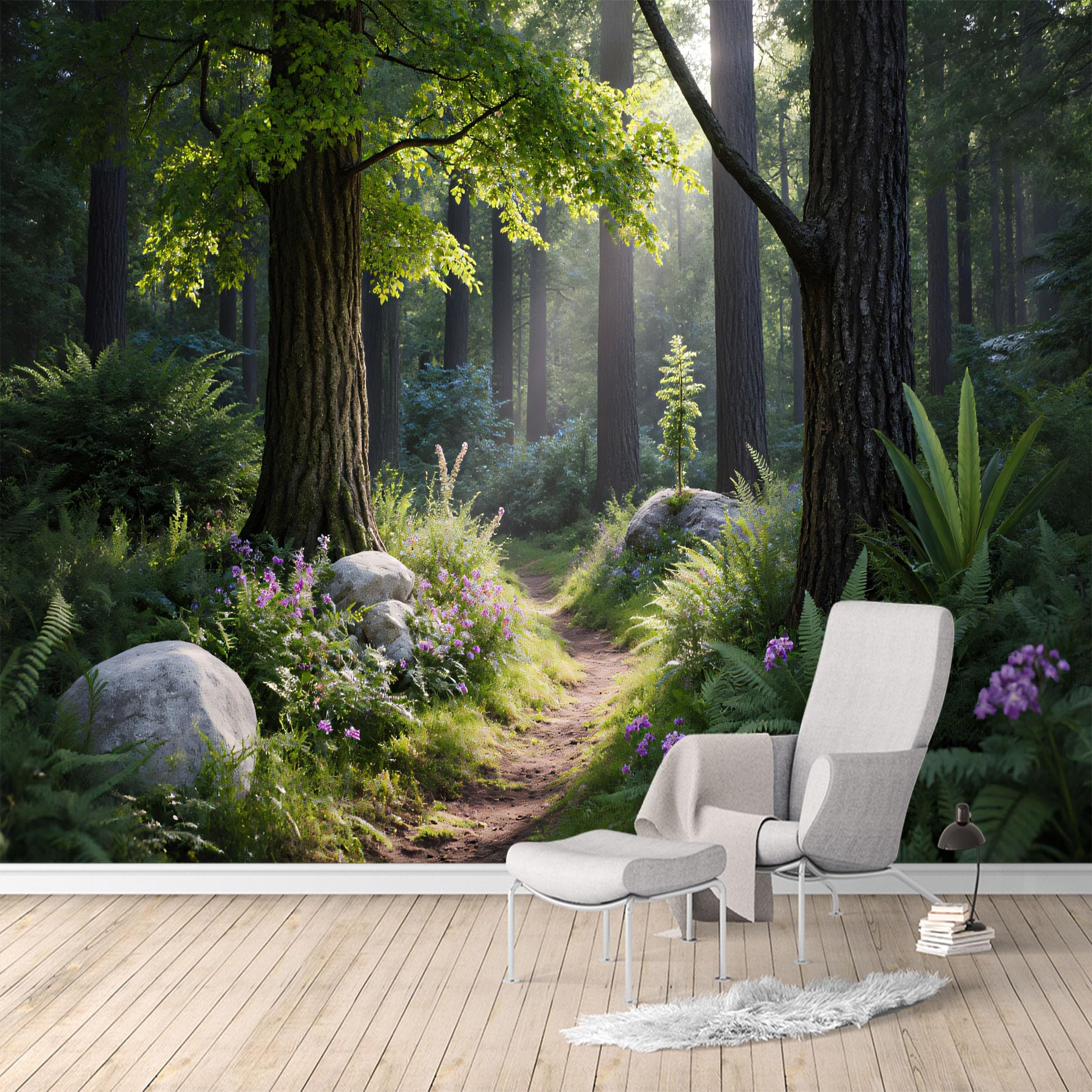 Custom Size Wall Murals, Sunlit Forest Path with Green Trees Ferns and Wildflowers, SelfAdhesive Water Activated Removable Wall Covering, Large Photo Wallpaper for Living Room Bedroom Office