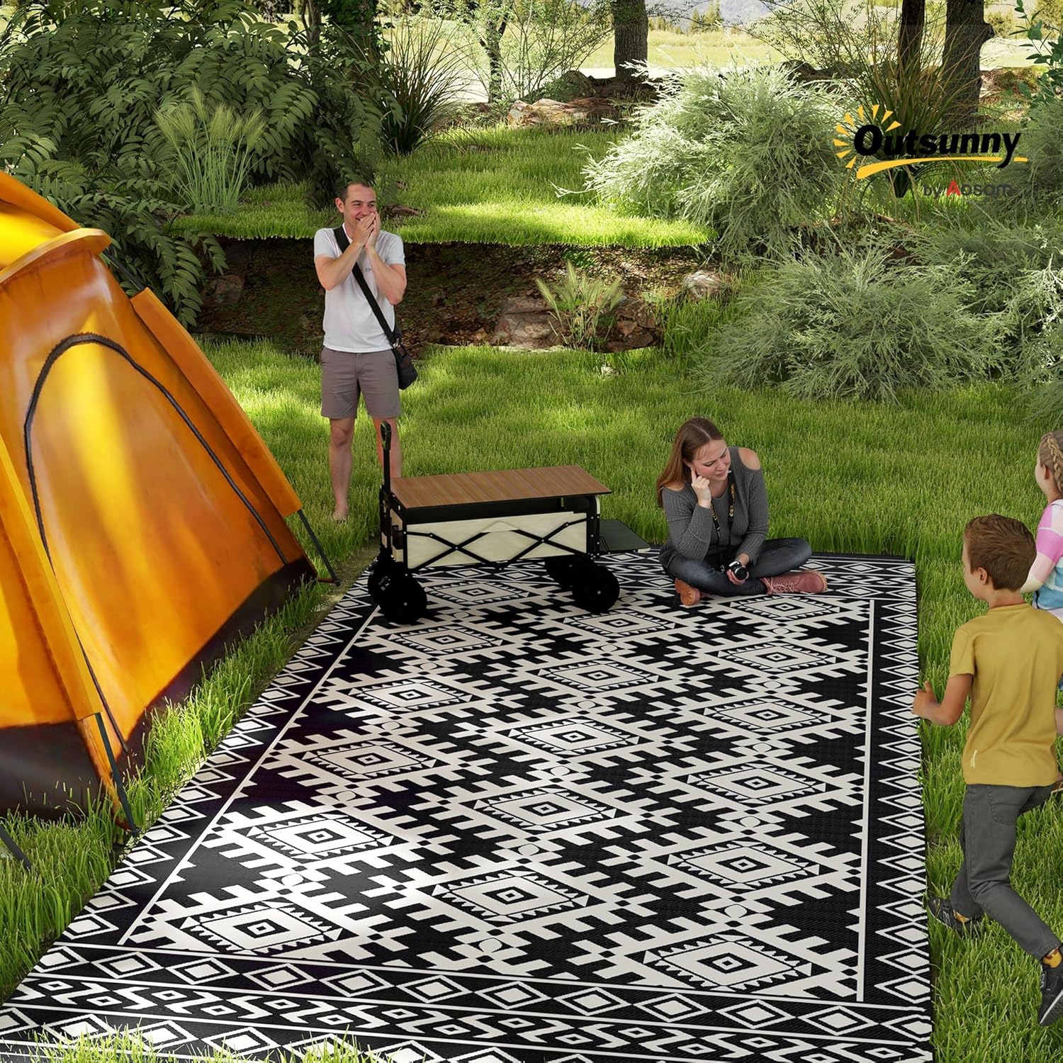 Outsunny Outdoor Rug for Patio, 9' x 18' Waterproof Large Mat, Reversible Plastic Straw Rug for Decor, Portable Outside RV Camping Area Carpet Mat for Backyard Porch Deck Picnic, Black & White Rhombus