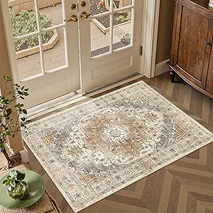 Madane Washable Entry Rug 3x4, Area Rugs for Entryway Kitchen Bathroom Door Mat Indoor Entrance, Vintage Floral Print Office Runner with Non Slip Rubber Backing, Turmeric/Grey